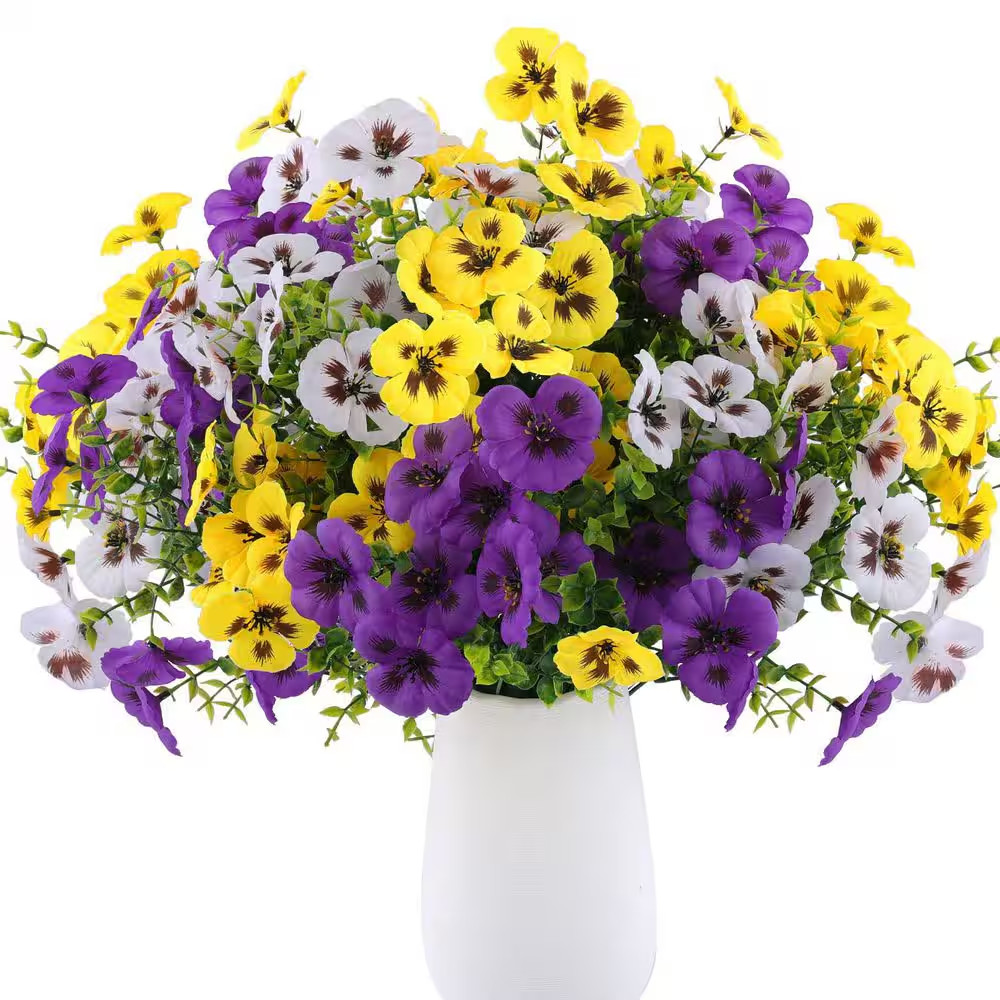 8 In. Purple Yellow White Indoor/Outdoor Artificial Pansy Flower-Uv Resistant Fa