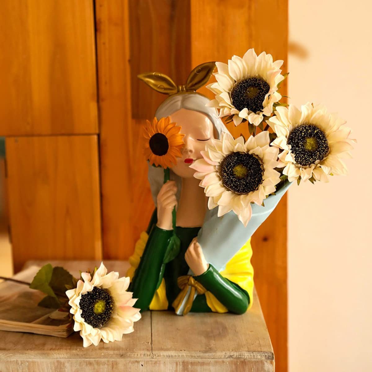 7PCS White Sunflowers Artificial Flowers, Fake Silk Sunflower with Stem Vinta…