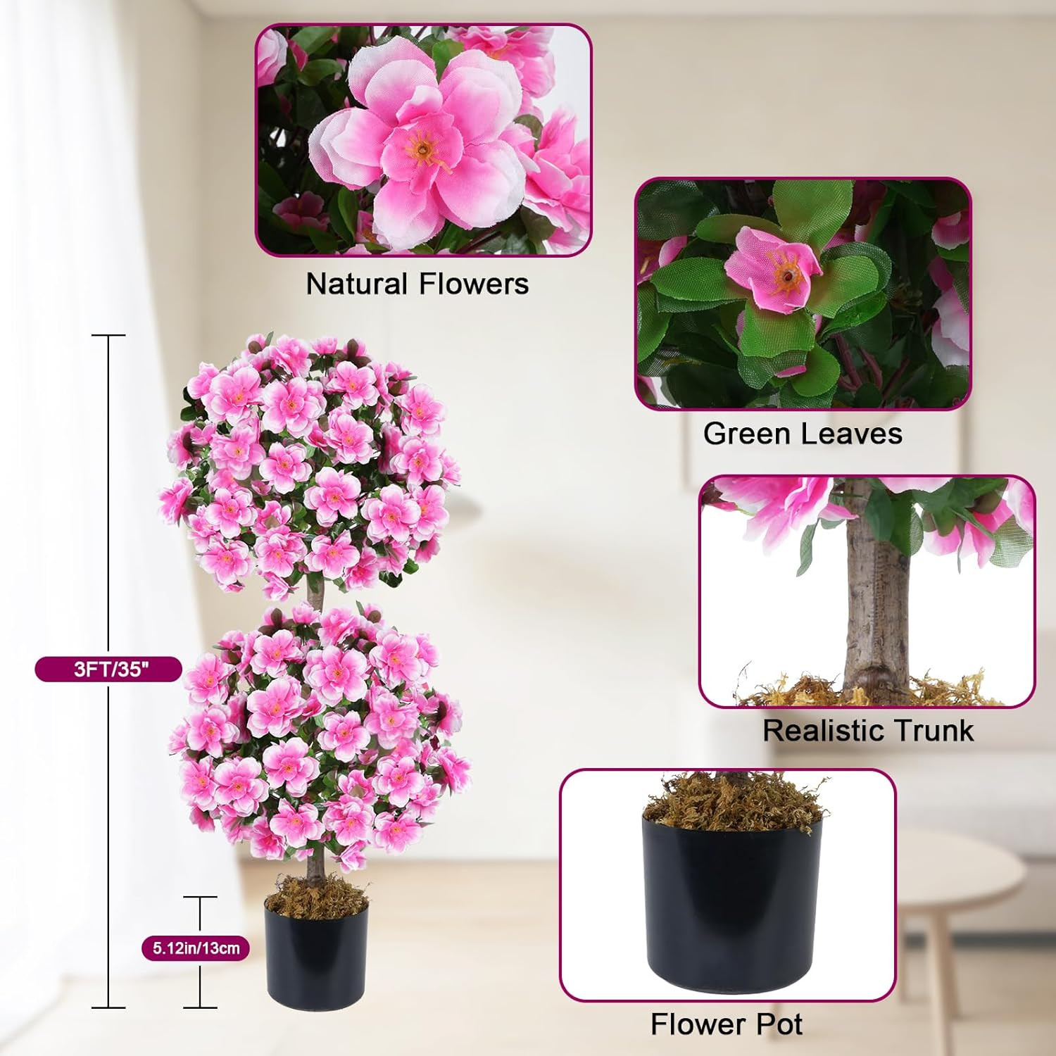 Double Ball Topiary Trees – 3FT Faux Camellia Plants Set of 2 for Decor