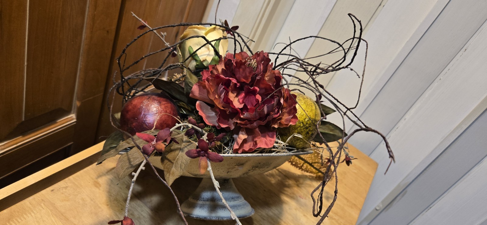 Arrangement of Dried Fruits & Flowers Centerpiece Metal Compote 14WX14WX13″Tall