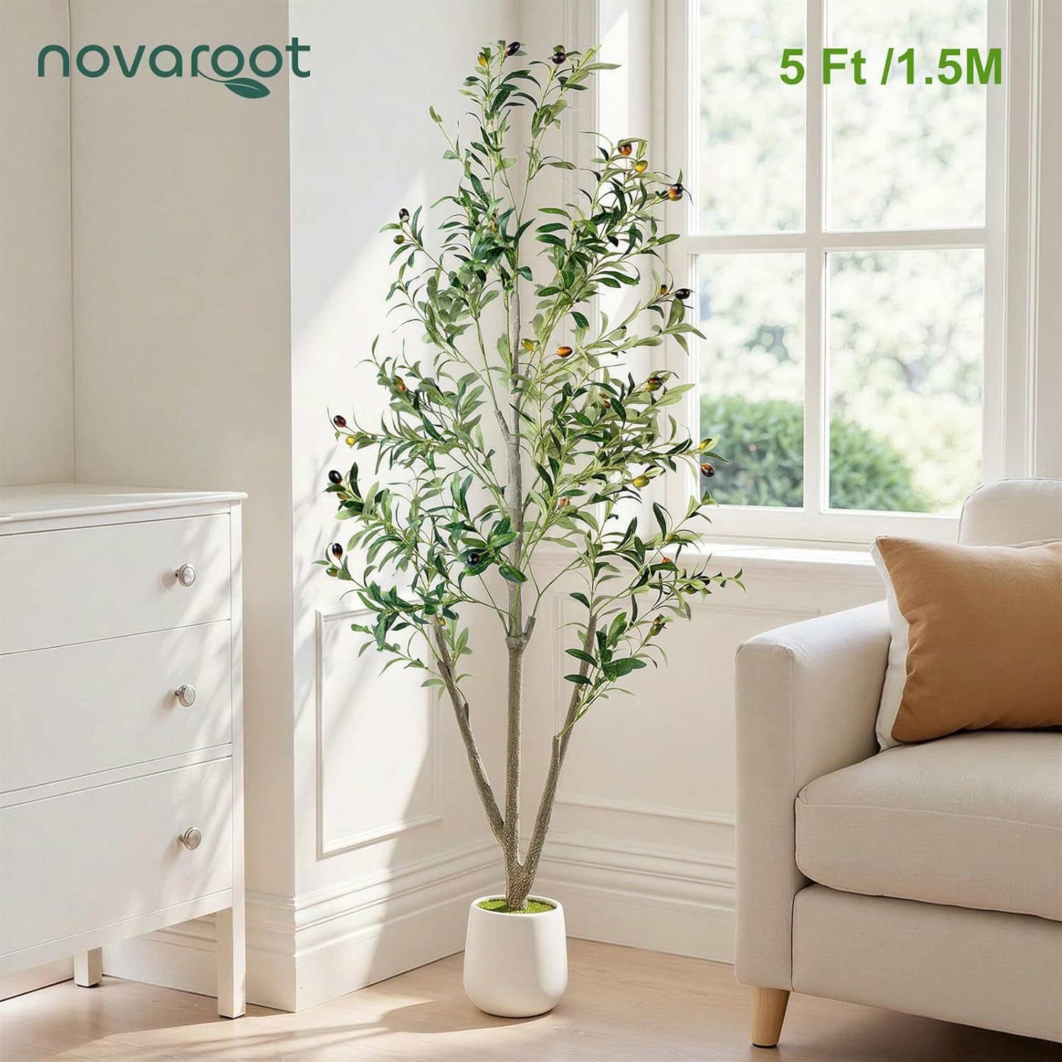 Olive Trees Artificial Indoor, 5FT Tall Faux Olive Tree with Moss and Planter, A