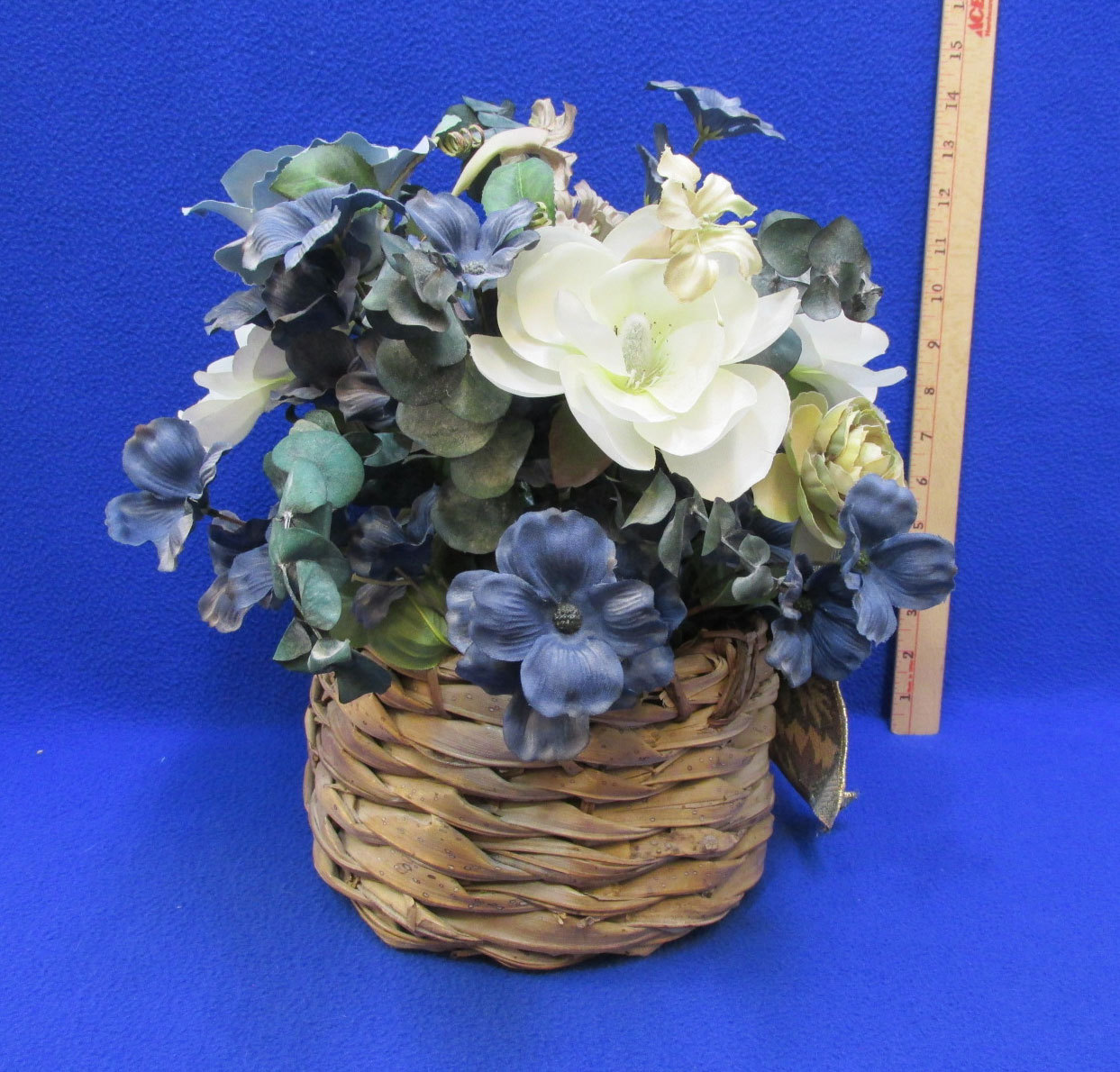Blue Floral Arrangement In Basket Roses Magnolias Eucalyptus Bow w/ Coffee Cup