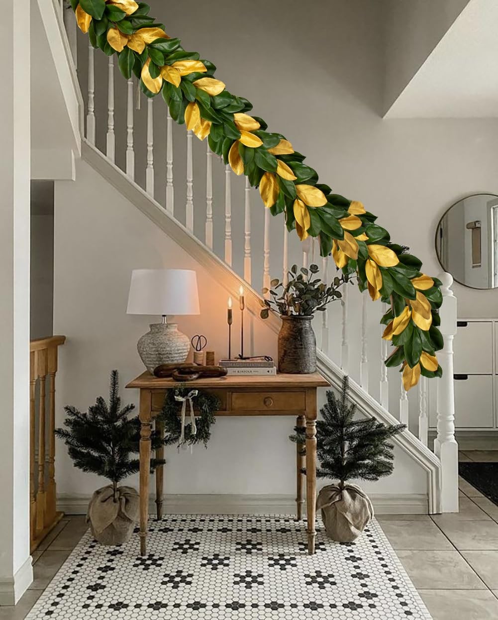 5 Feet Artificial Christmas Garland Fake Gold and Green Magnolia Leave Garlan…