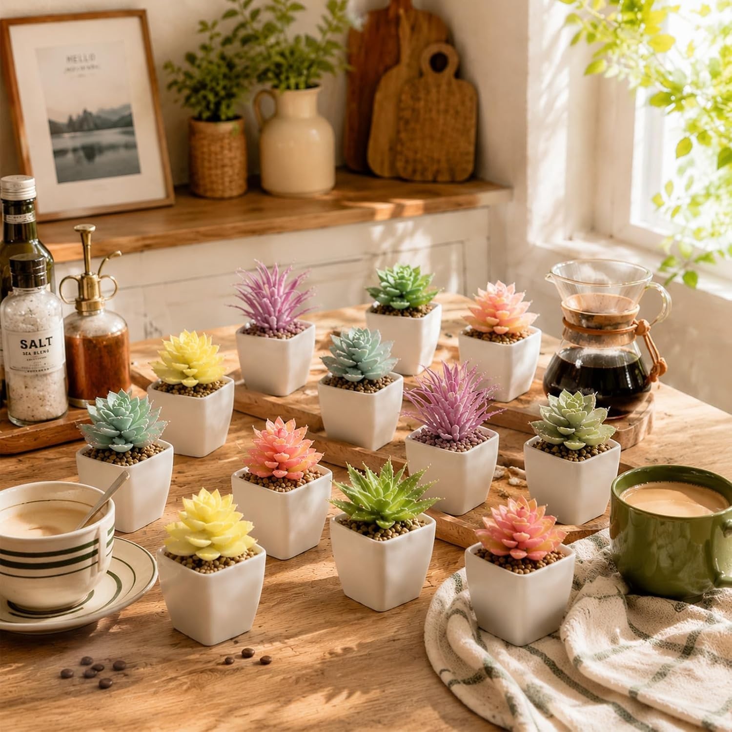 Mini Fake Succulents in Pots, Set of 24 for Office and Home