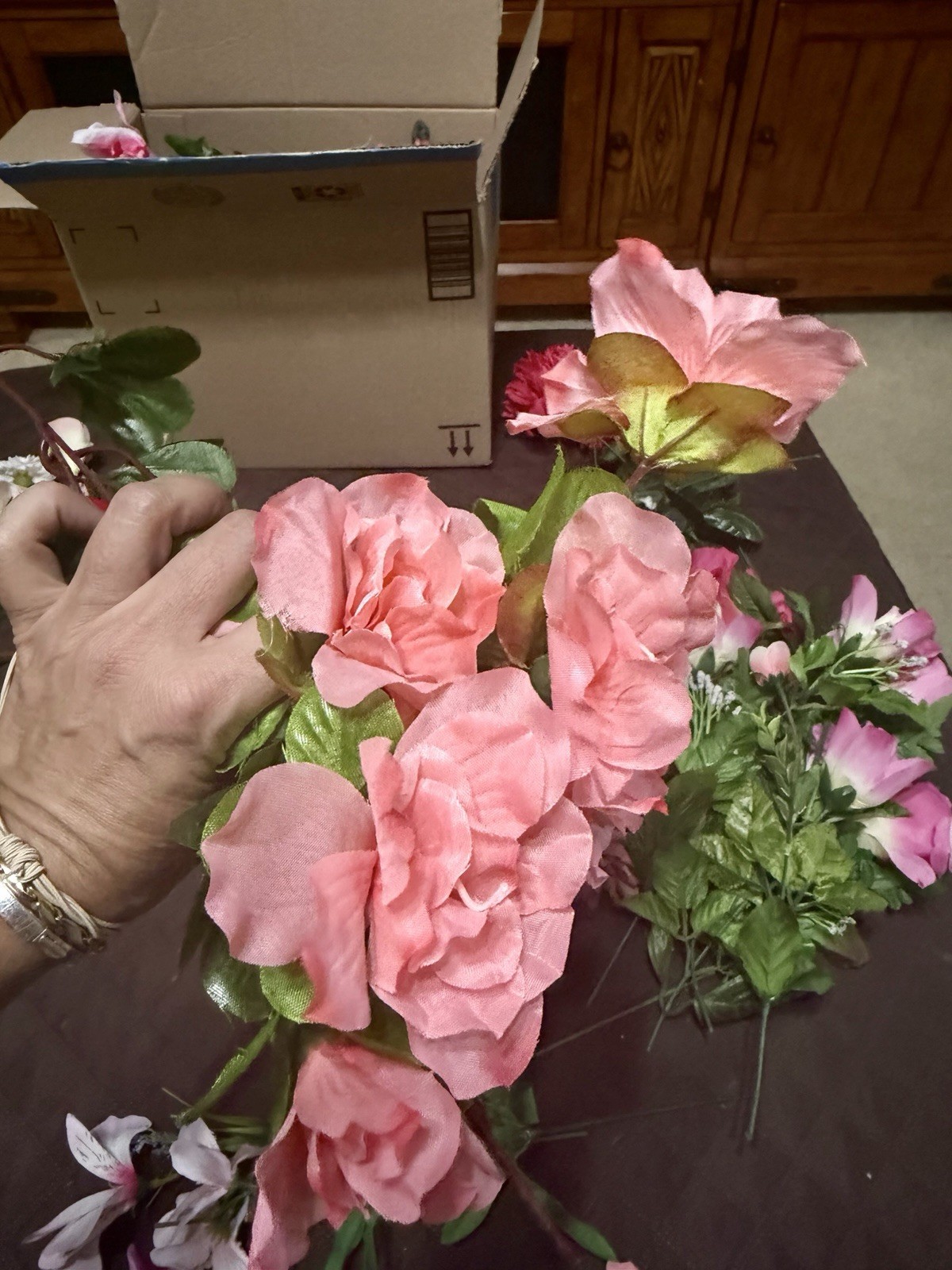 Large Lot / Box of Miscellaneous Artificial Silk Flowers – Pink Shades