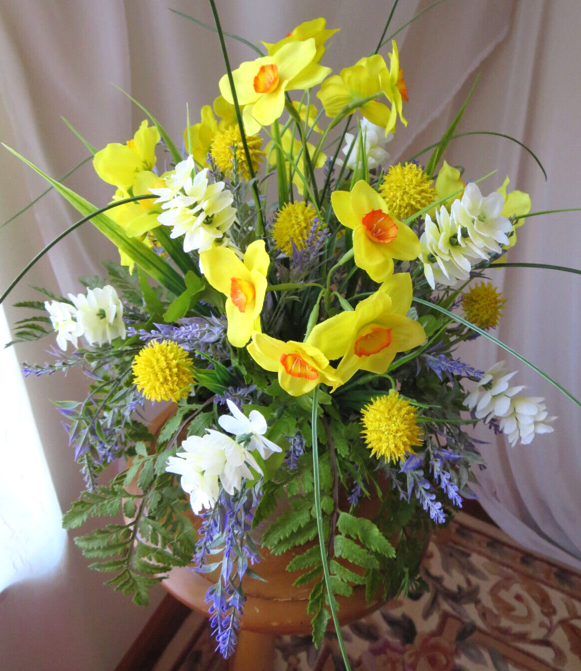 SPRING ARRANGEMENT ARTIFICIAL SILK/PLASTIC FLOWERS IN IRON CONTAINER 16″x12″ NEW