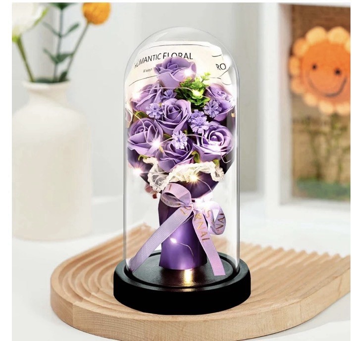 Artificial Pink Rose Bouquet Under Glass Dome w/ LED Lights 8.19in
