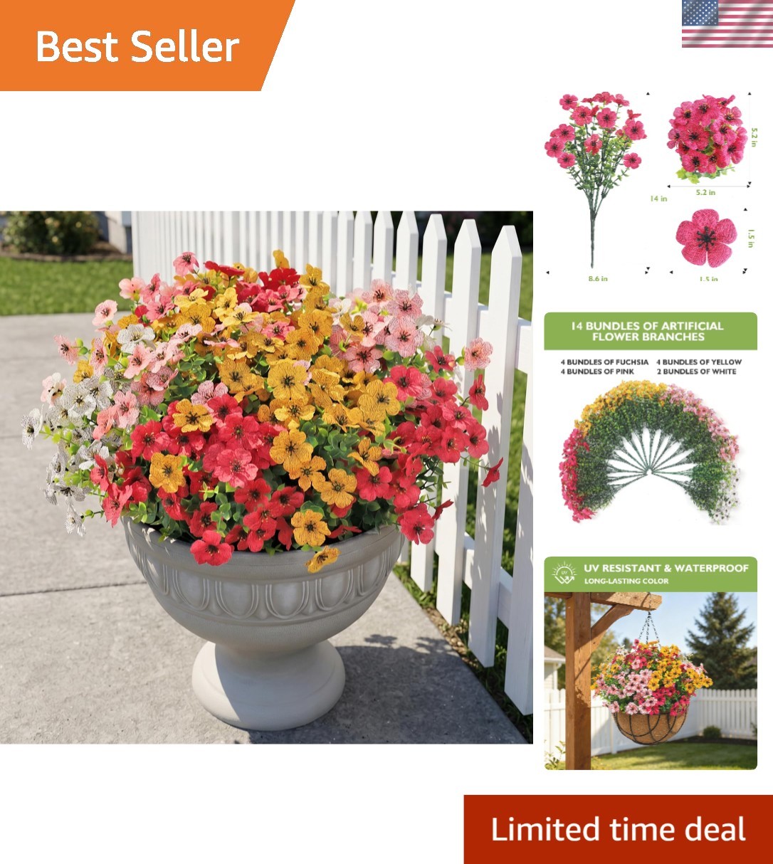 Realistic 14-Bundle Artificial Flowers – Mixed Fuchsia, Yellow, Pink & White