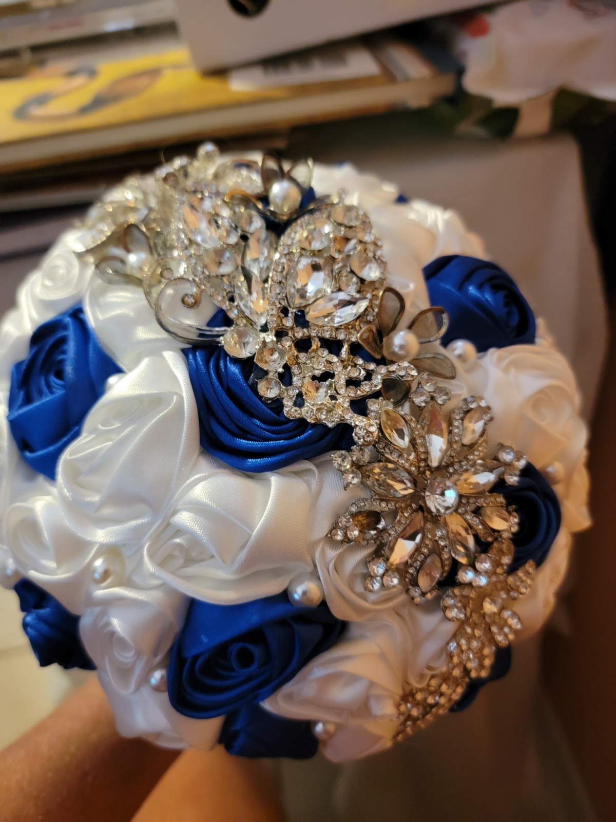 SET Bridal Wedding Bouquet Rhinestone Throw Toss Crystal Satin PLUS Flower Girl