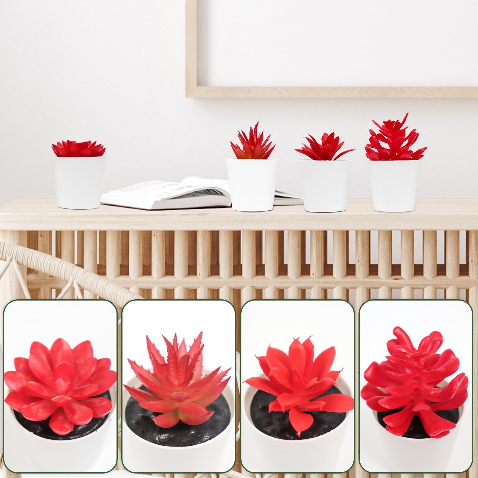 4 Pack Red Artificial Succulent Lotus Potted Plants Office Home Decor