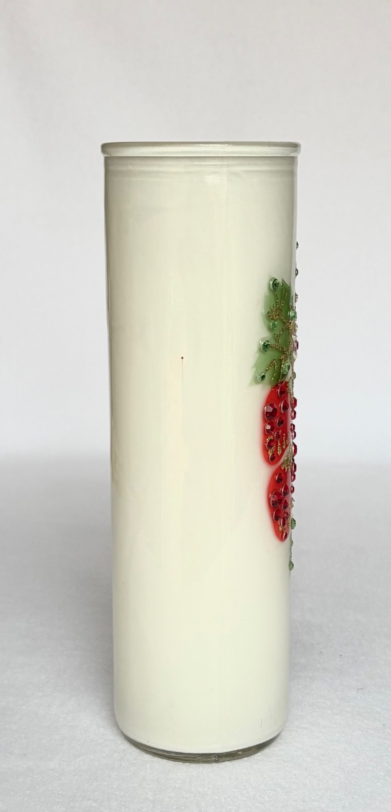 Vintage Candle Holder Glass Red Strawberry Leaf Applied Jewel Rhinestones 9”