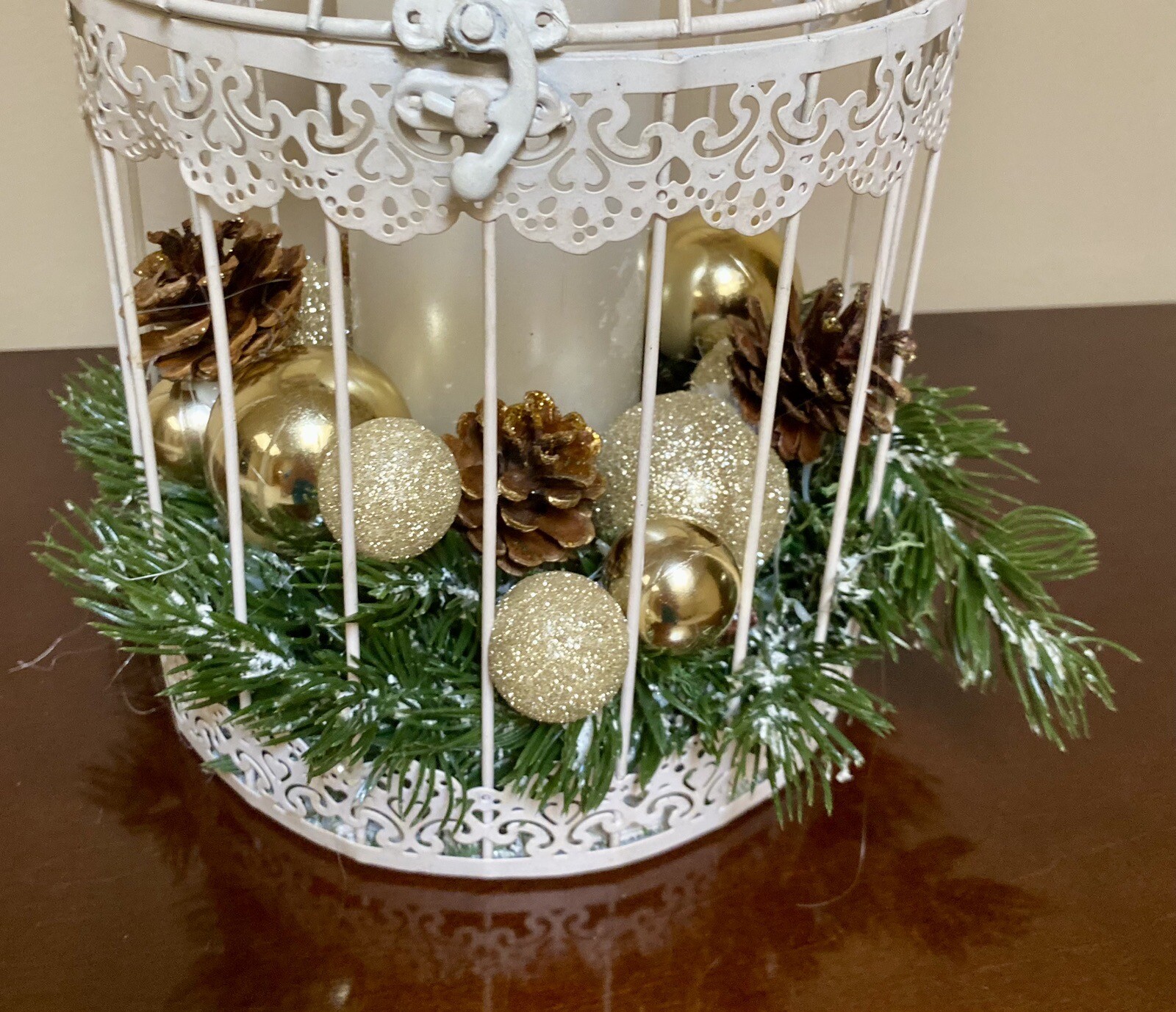 Vintage Christmas Birdcage with Gold Highlights & Pillar Candle