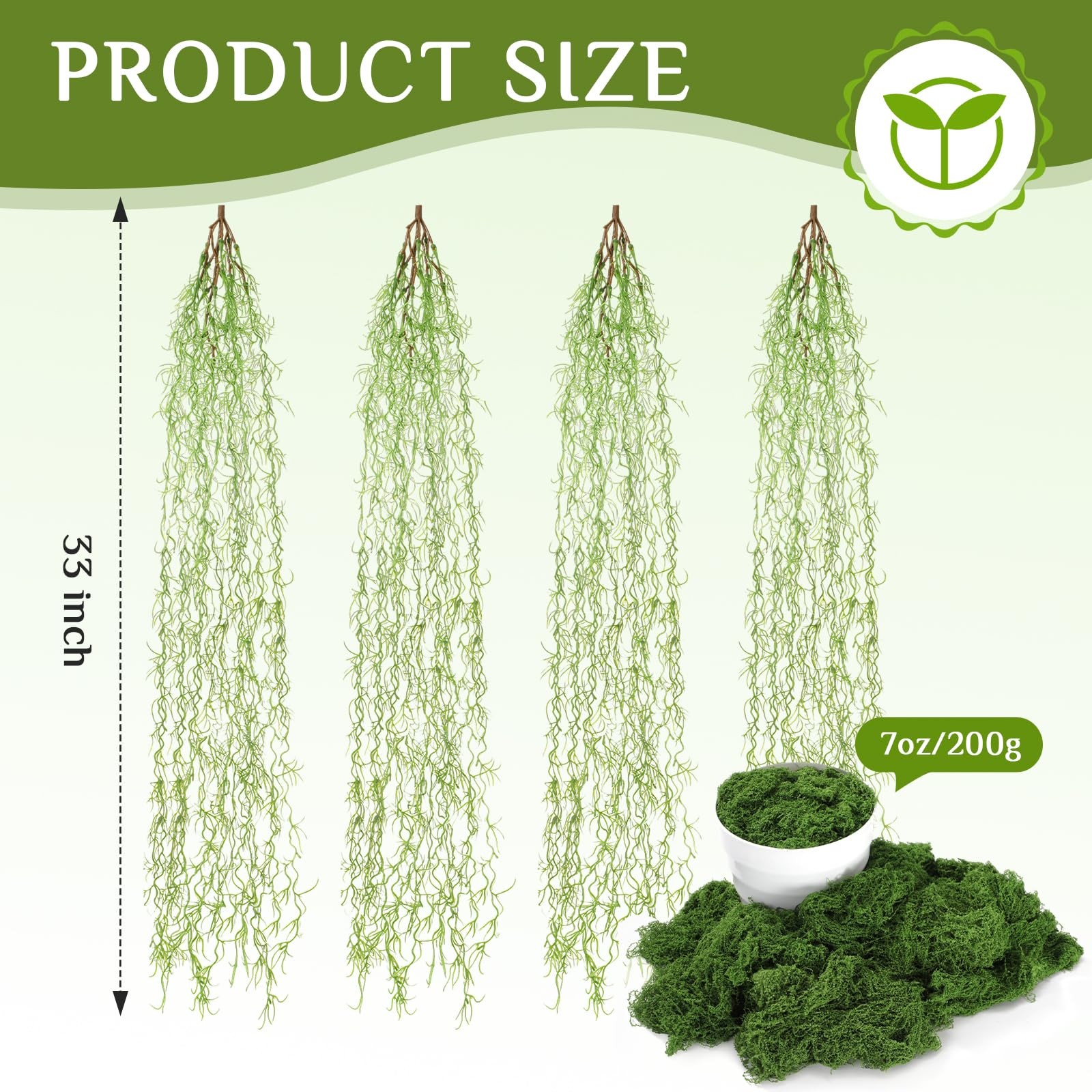 4 Pcs 33 Inch Fake Spanish Moss with 7 oz Artificial Green Moss for Potted Pl…