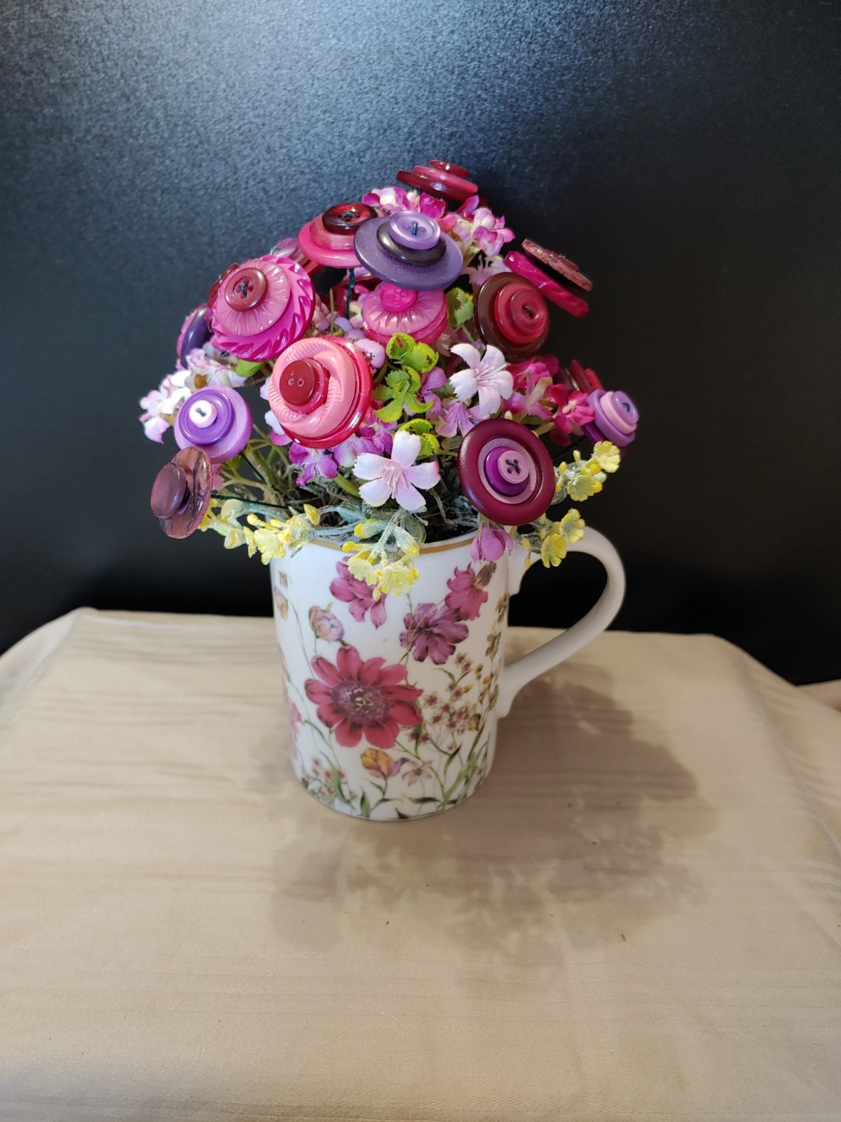 delicate floral mug with pink purple yellow BUTTON BOUQUET
