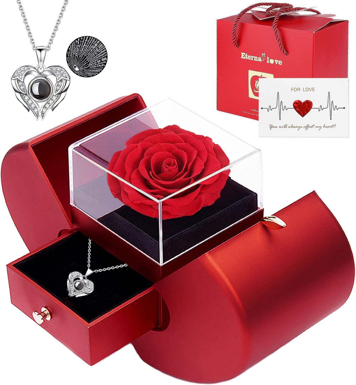 Preserved Real Rose Eternal Love Real Rose with I Love You Necklace Gift Box Set