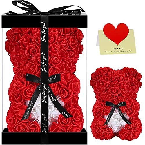 Cute Rose Teddy Bear Gift for Mom – Adorable 10″ Plush Bear in Clear Box – Perfe