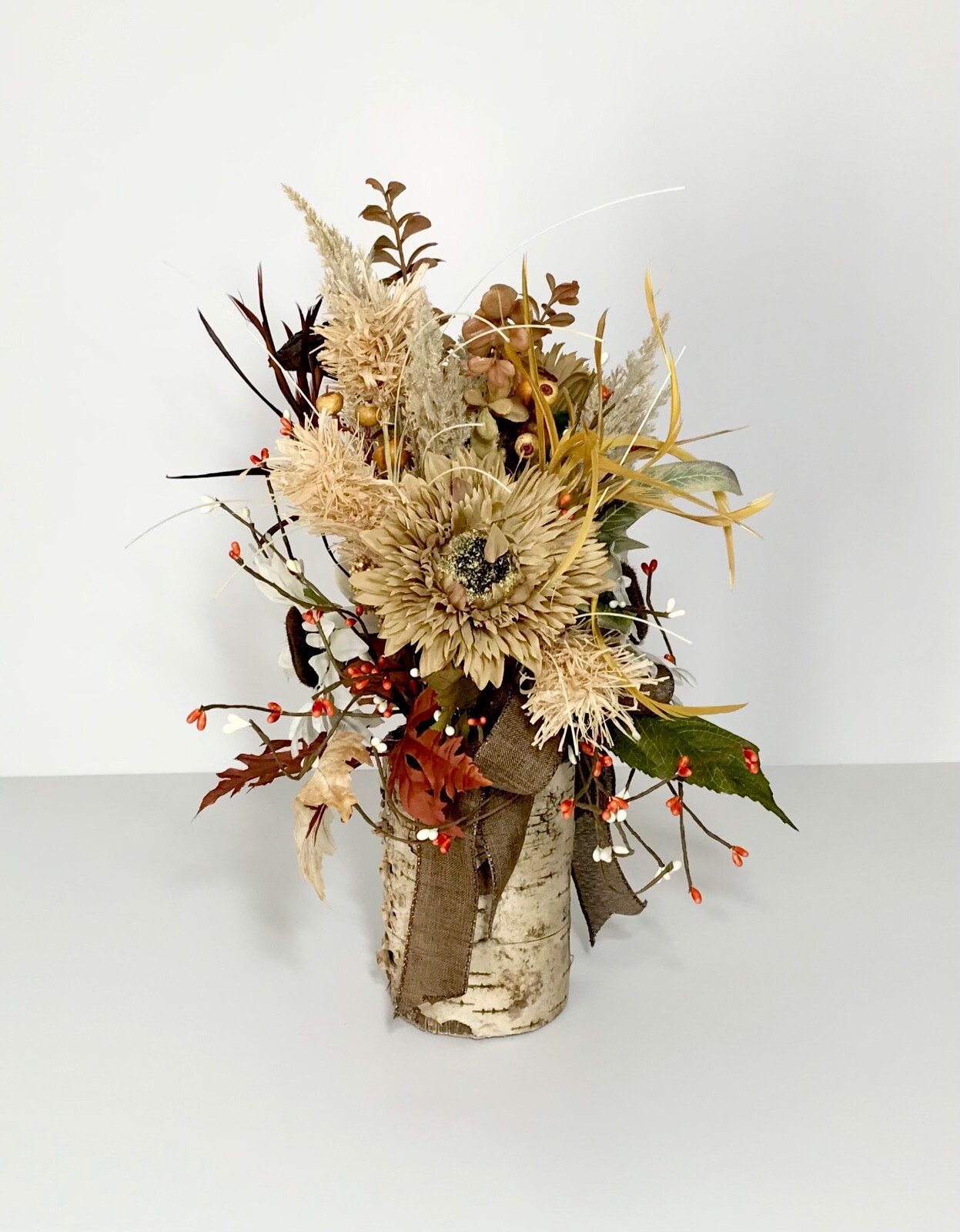 WHITE SUNFLOWERS EARTH TONE ARRANGEMENT FALL LEAVES HARVEST CENTERPIECE HANDMADE