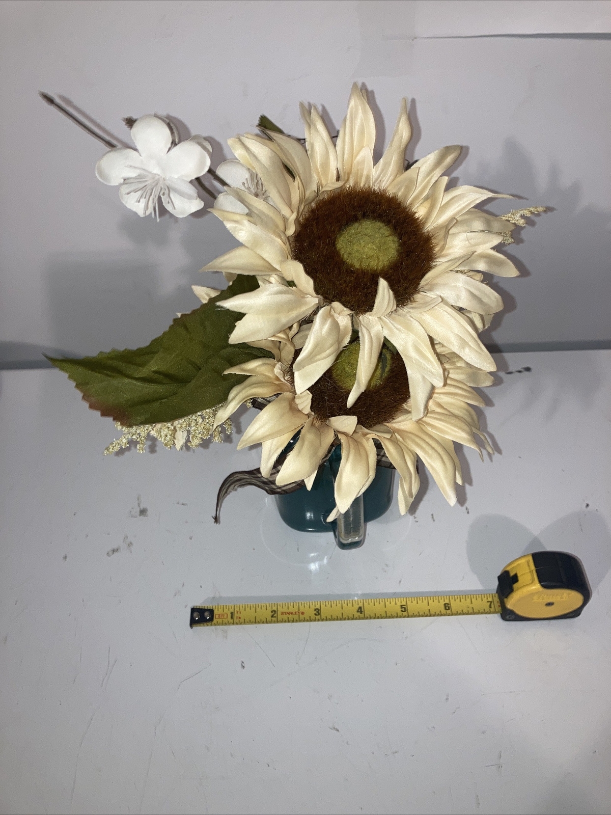 Floral Arrangement Sunflowers In Mason Jar Mug 11” Tall 5-6” Wide