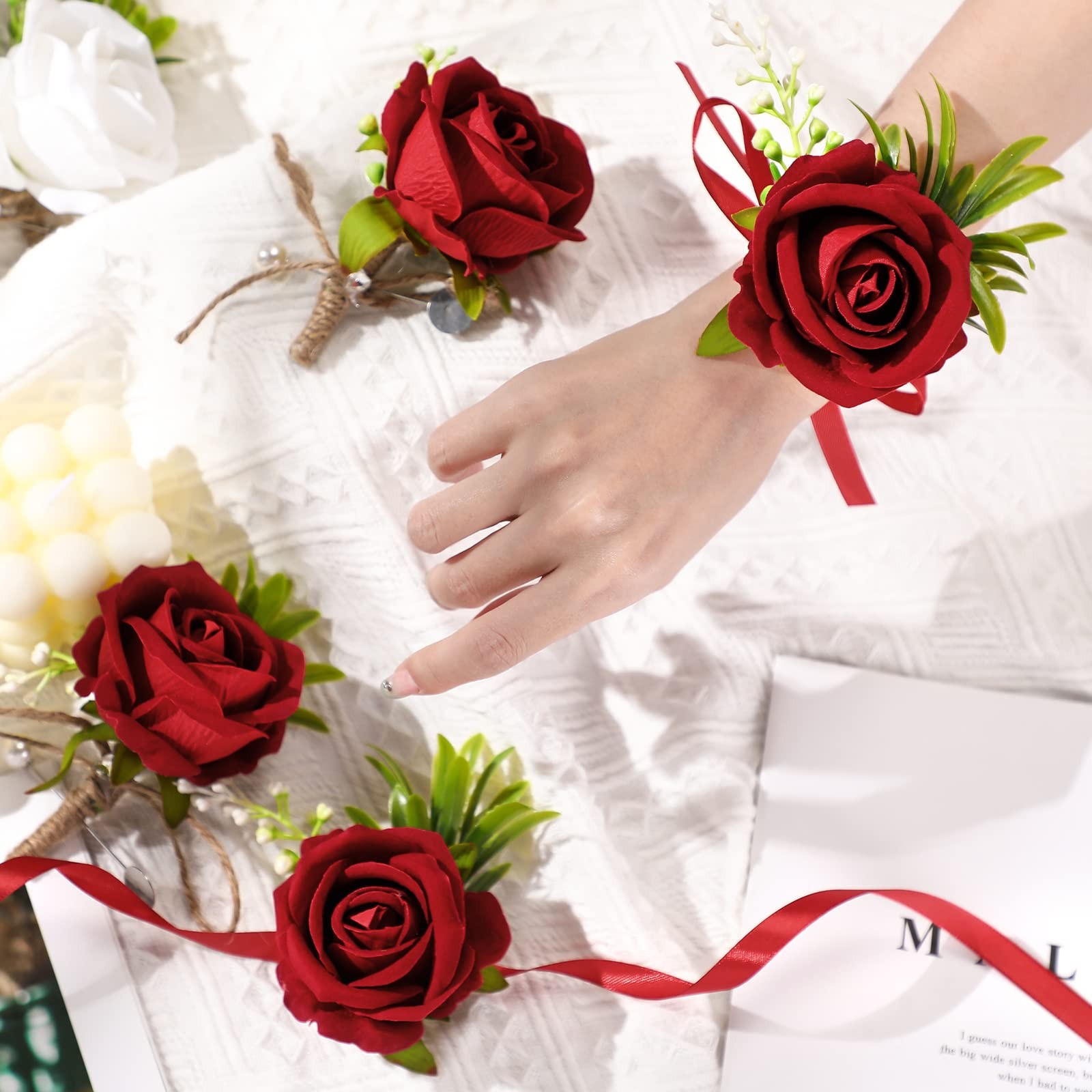 Wedding Party Corsage Boutonniere Set 2 Wristlet 2 Groom Rose Burgundy