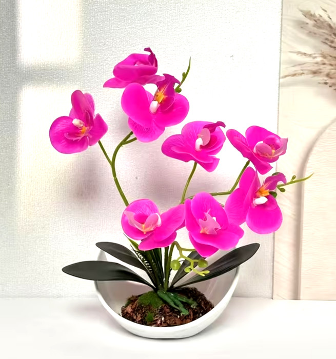 Artificial Bonsai Phalaenopsis Orchid Flower Fushia Purple Plant Potted 9.5″ H
