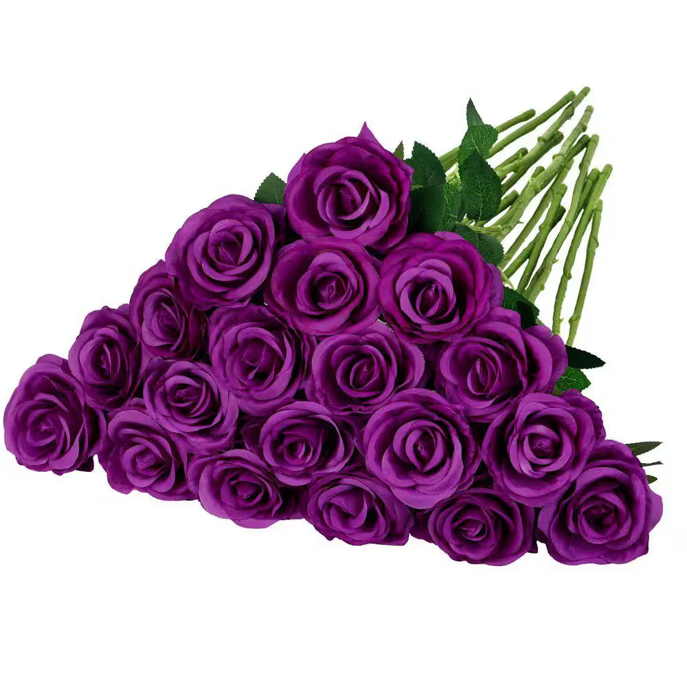 17.7 In. 20-Piece Purple Indoor Artificial Roses Silk Flowers for Valentines Wed