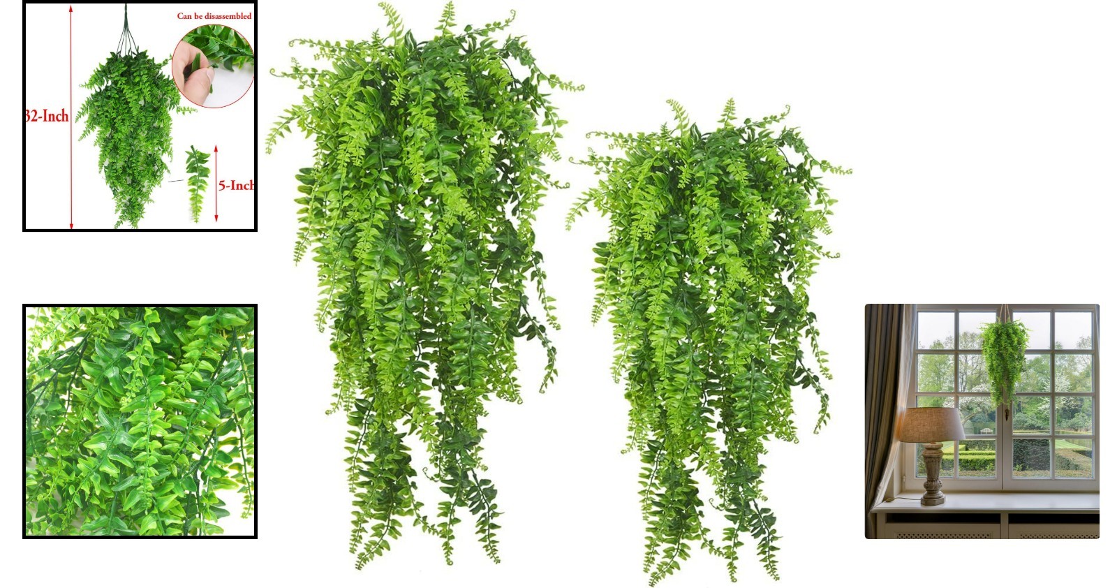 Green Artificial Hanging Ferns – 2 Pieces, Perfect for Weddings & Gardens