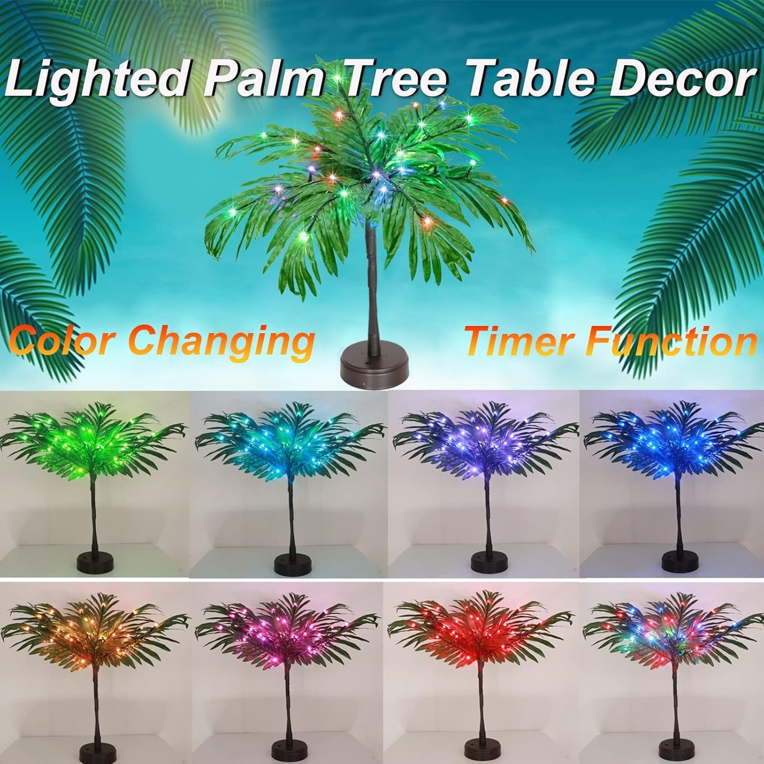 28 Color Changing Lighted Palm Tree Table Decor, 23 in Tropical Artificial Palm