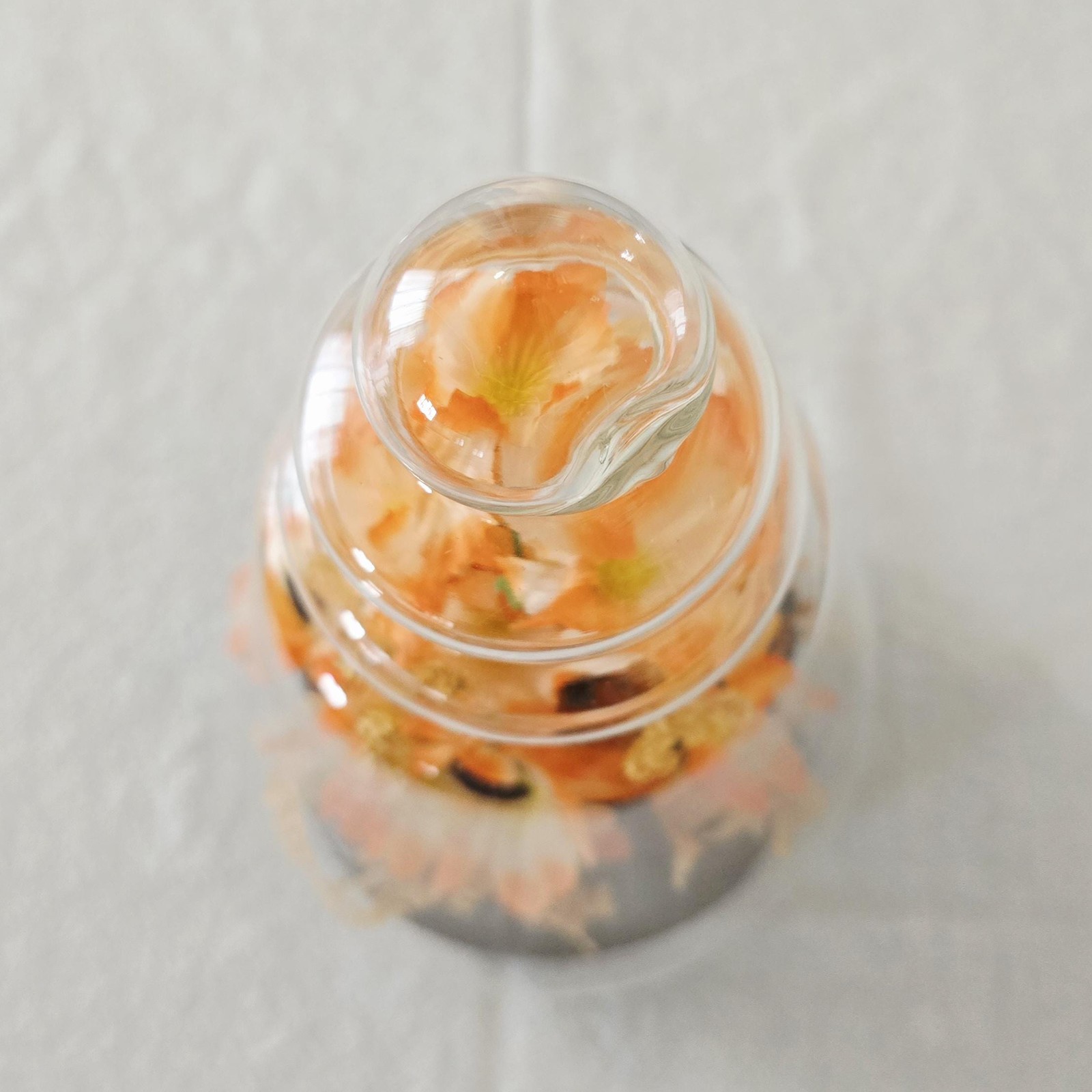 Vintage Kmart Orange Faux Floral Arrangement Glass Cloche, Bell Jar Dome on