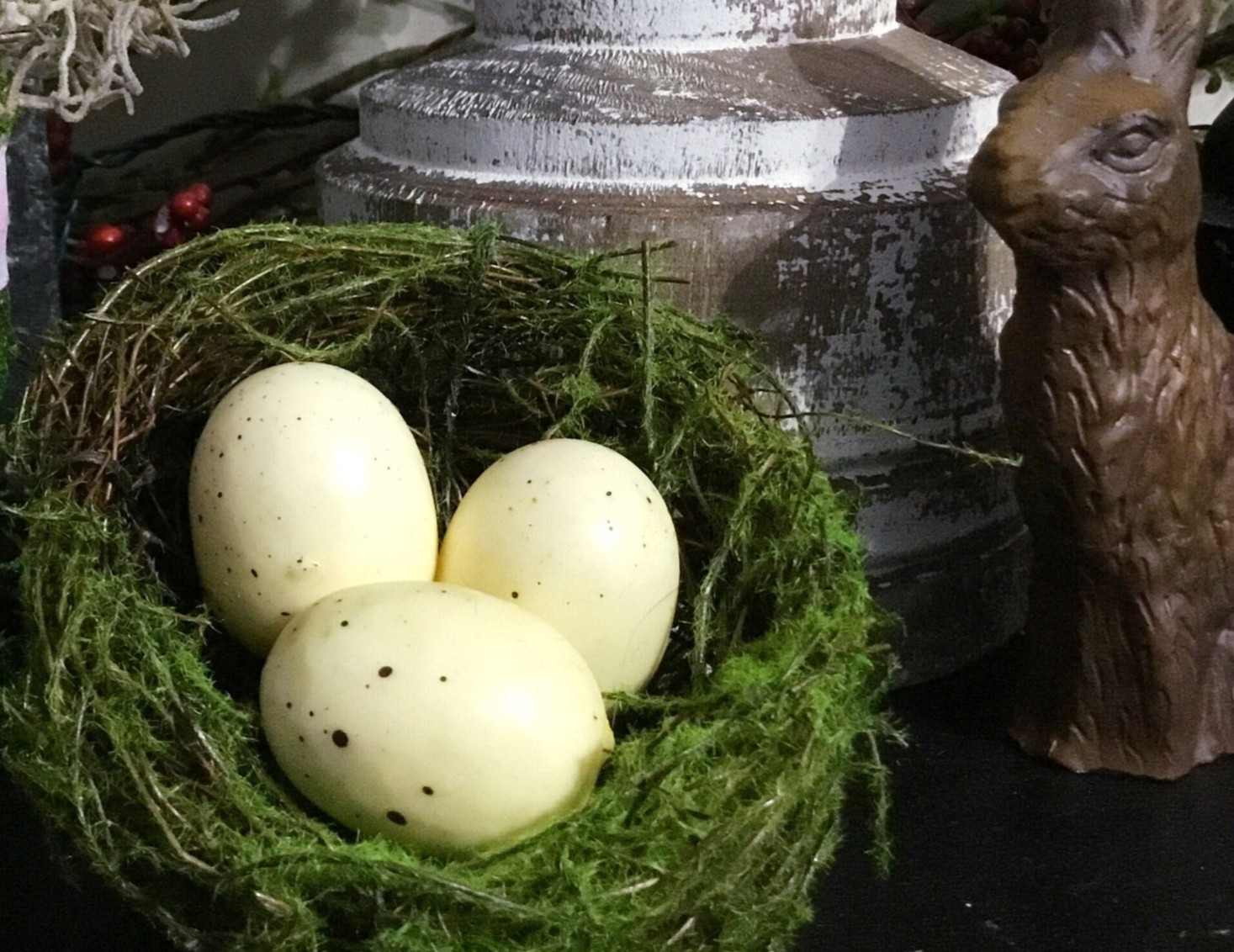 4” Mossy Spring Birds nest with pale yellow faux speckled eggs