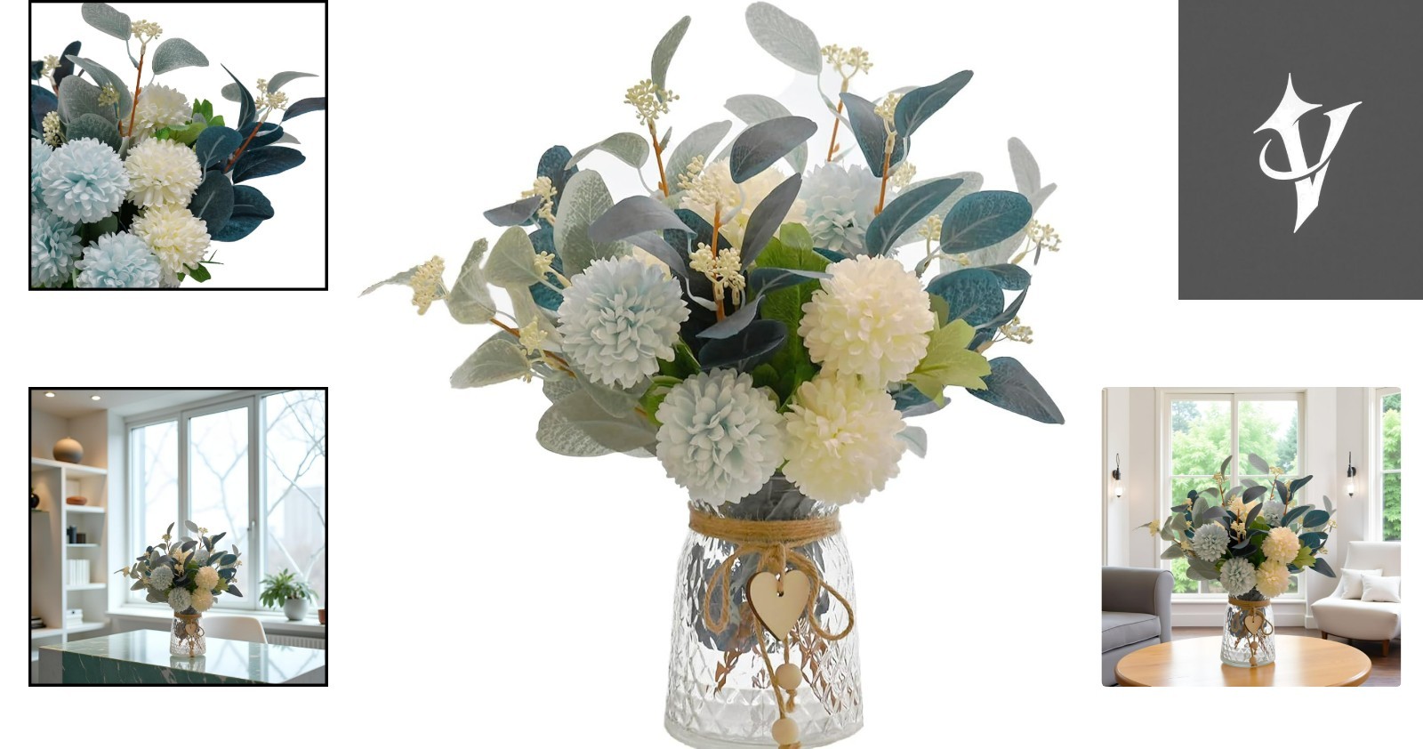 Faux Flower Bouquet with Adjustable Stems and Rustic Glass Vase – Home Decor