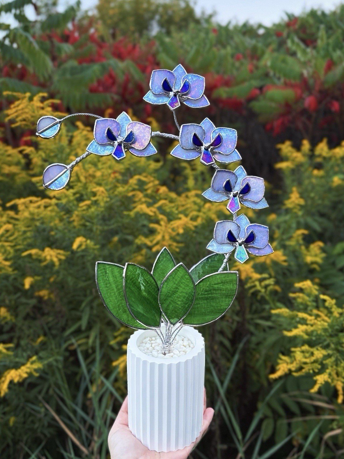 Stained Glass 3D Orchid Lavender irid, 5 Flowers In A Pot, Table Decor