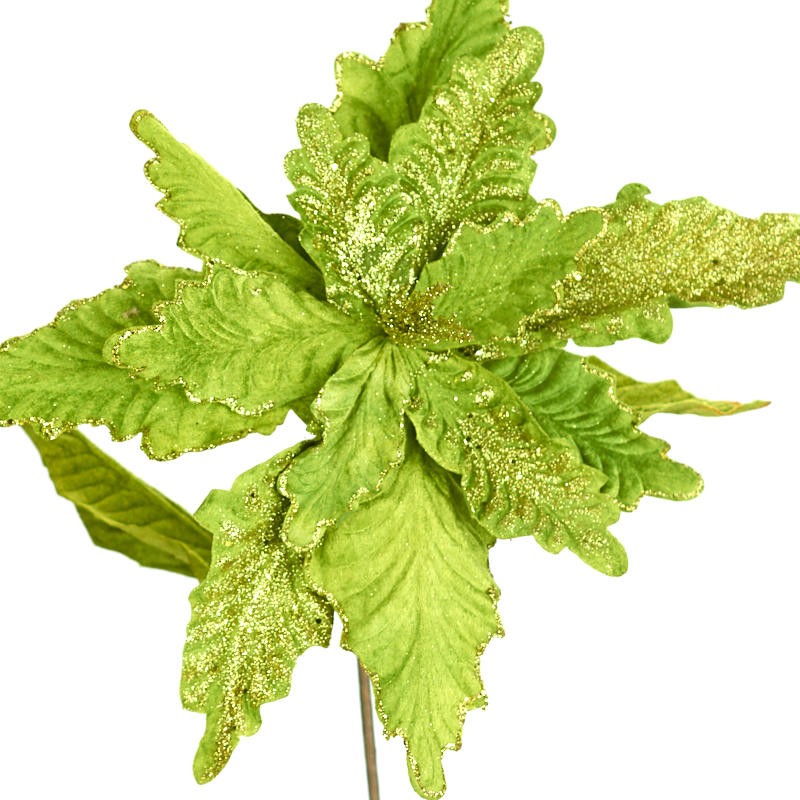 38″ Tall Light Green Glittered Velvet Poinsettia Spray Stem