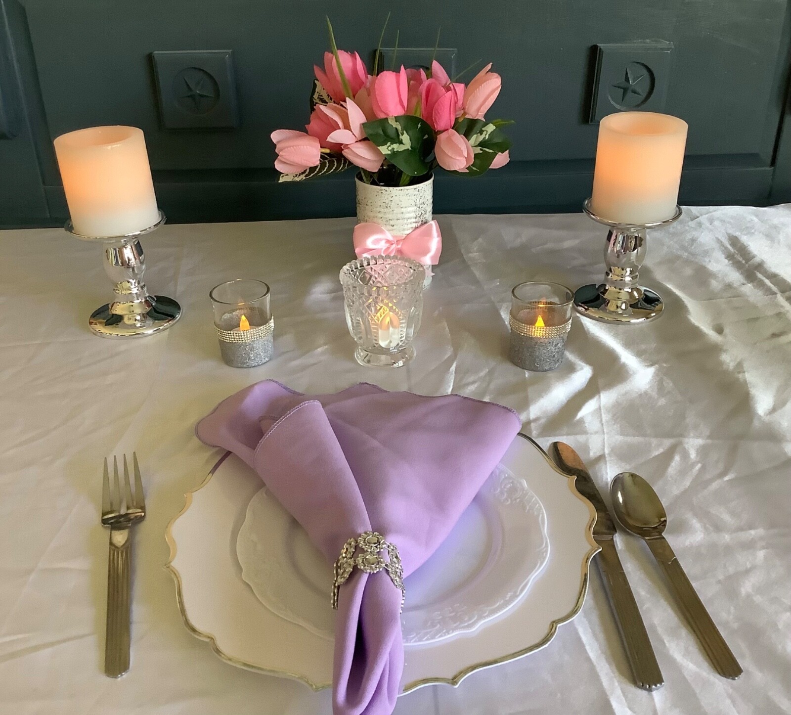 Spring/easter pink tulip centerpiece with glitter and painted upcycled tin can