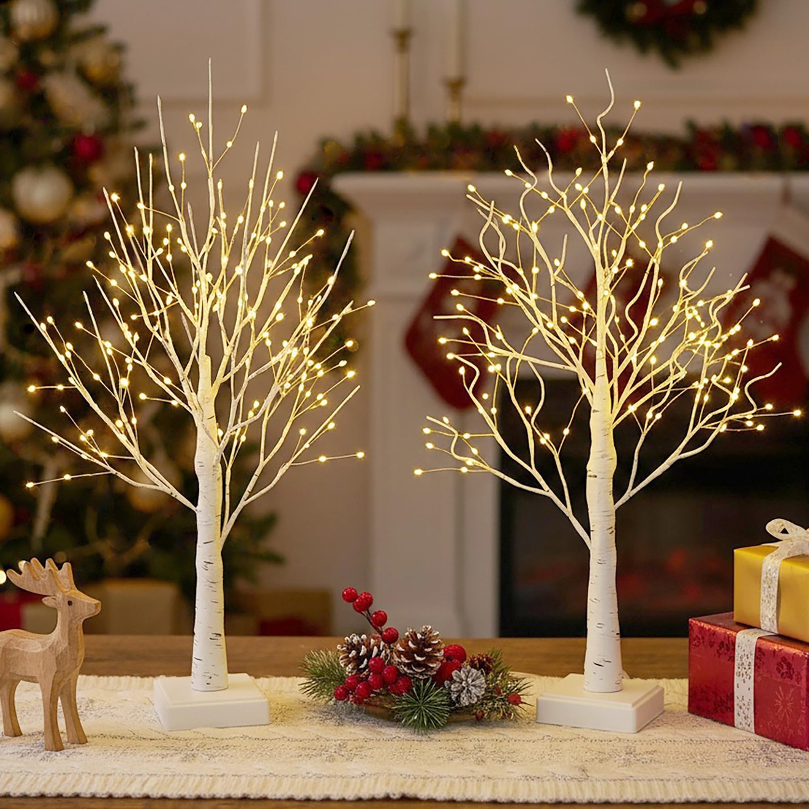 Small Lighted 2FT Birch Tree 144 LED Warm White Tabletop Lamp Timer Xmas Decor