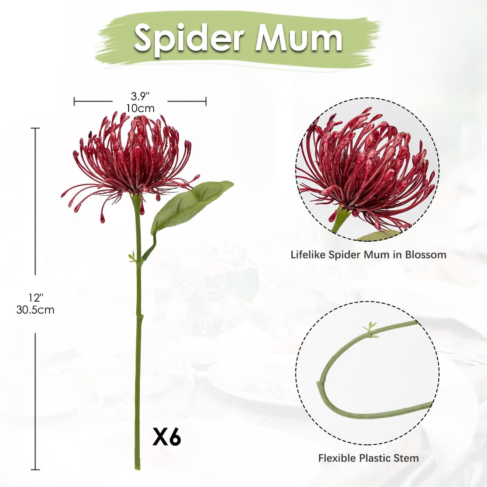 6 PCS Artificial Chrysanthemum Fall Flowers 4 Inch Burgundy Spider Mums Decor