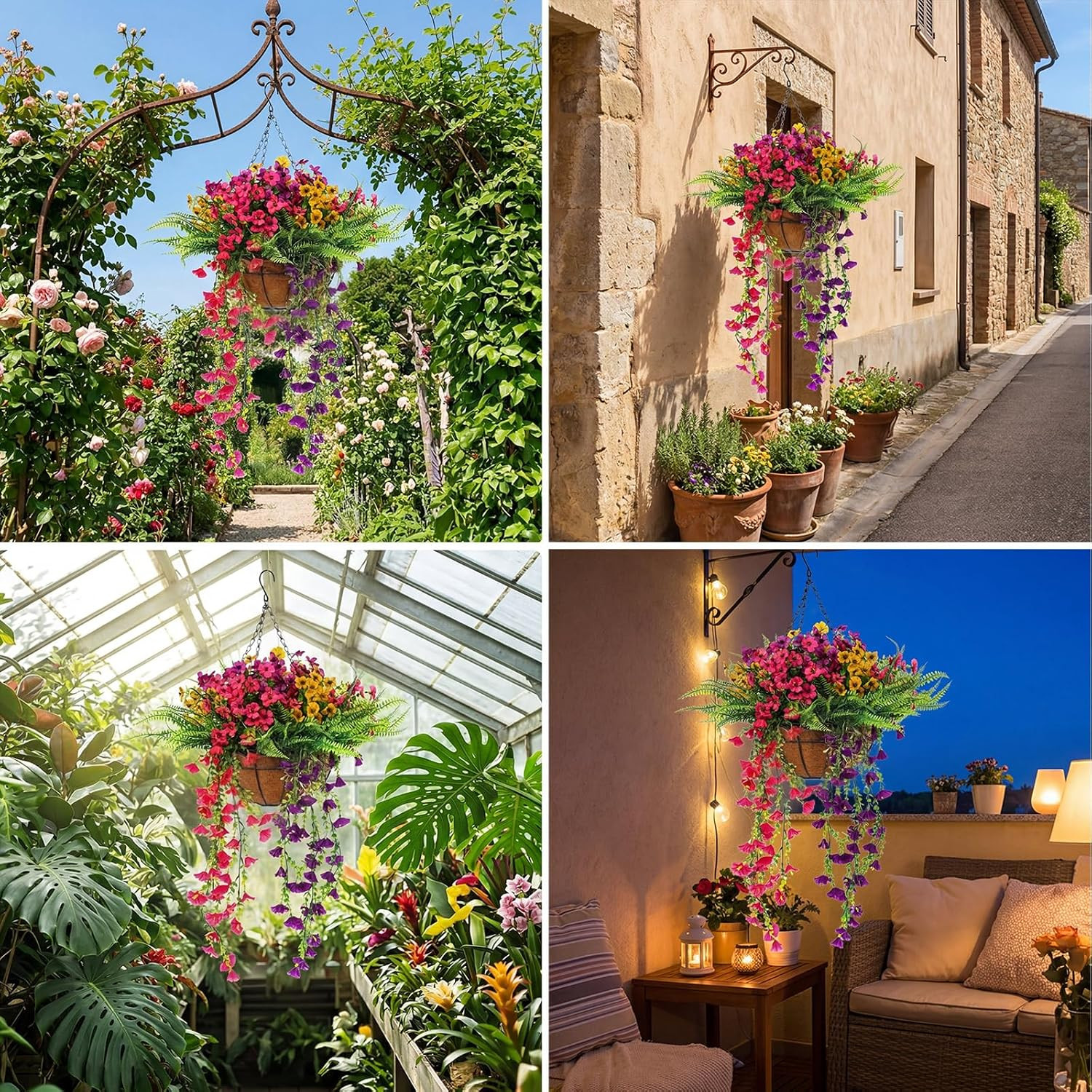 Faux Outdoor Hanging Plants Set with Artificial Fern & Morning Glory Decor