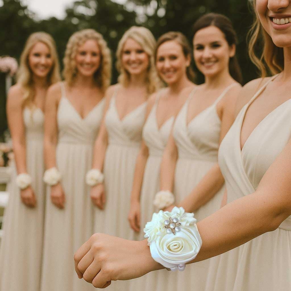 2 PCS Satin Rose Bridal Wrist Corsage Hand Flower Wedding Prom Ivory Decor