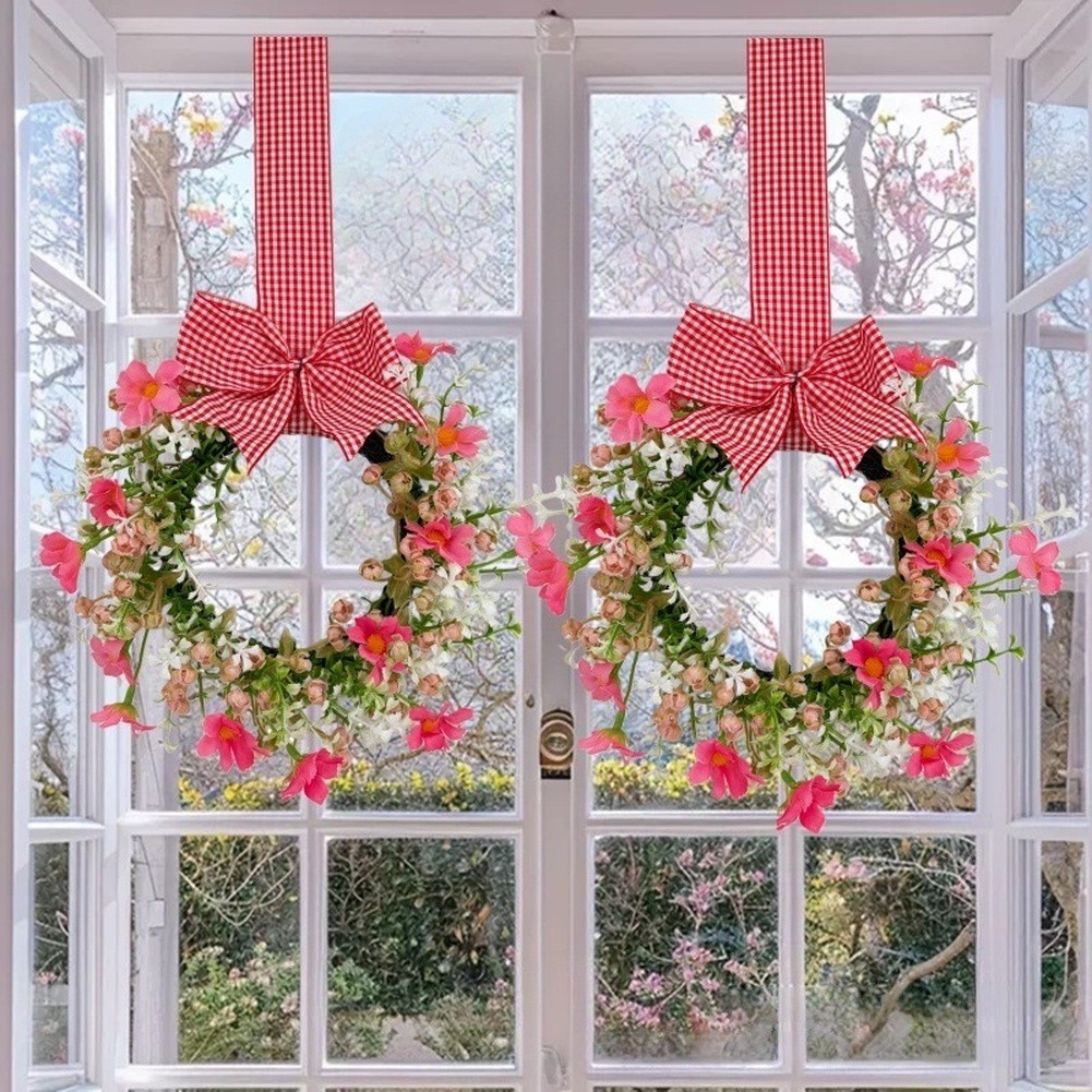Floral Garland Wreath 23cm Plastic Spring Style for Office Home Door Decor
