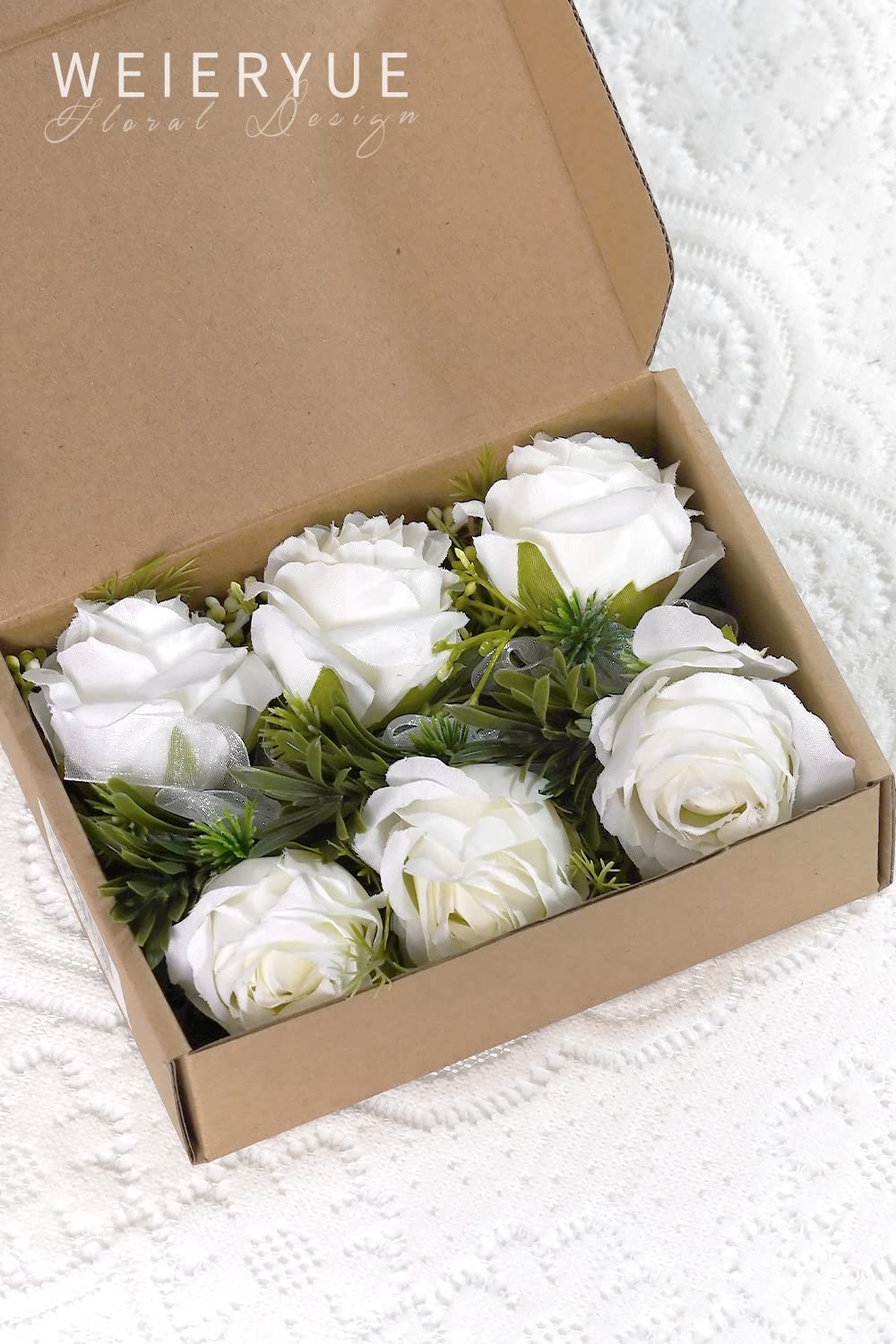 6 PCS Artificial White Rose Wrist Flowers and Mens Boutonniere Corsage Set