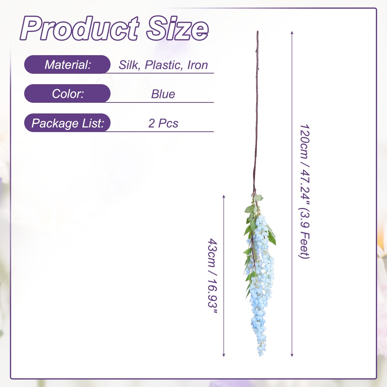 2 Pcs Artificial Wisteria Hanging Flowers 3.9 ft Fake Hanging Floral Blue