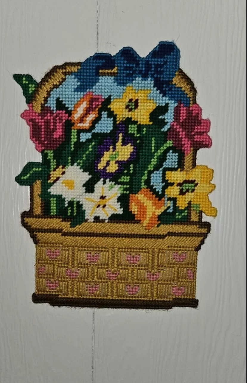 Plastic Canvas Wall Hanging Flowers/Basket Vintage Spring/Easter/Summer