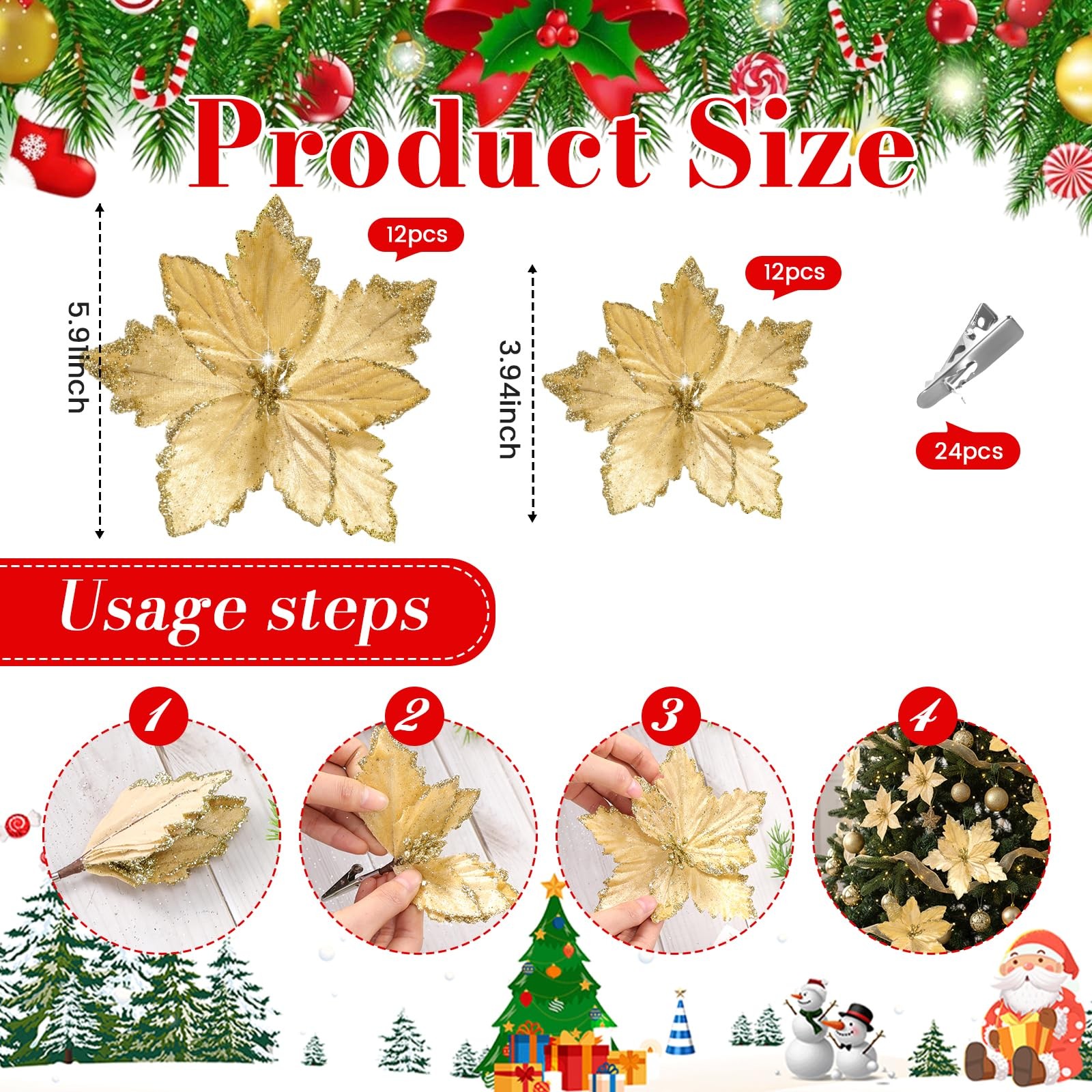 24 PCS Gold Glitter Poinsettia Flowers 5.91/3.94 Inch Velvet Xmas Decor