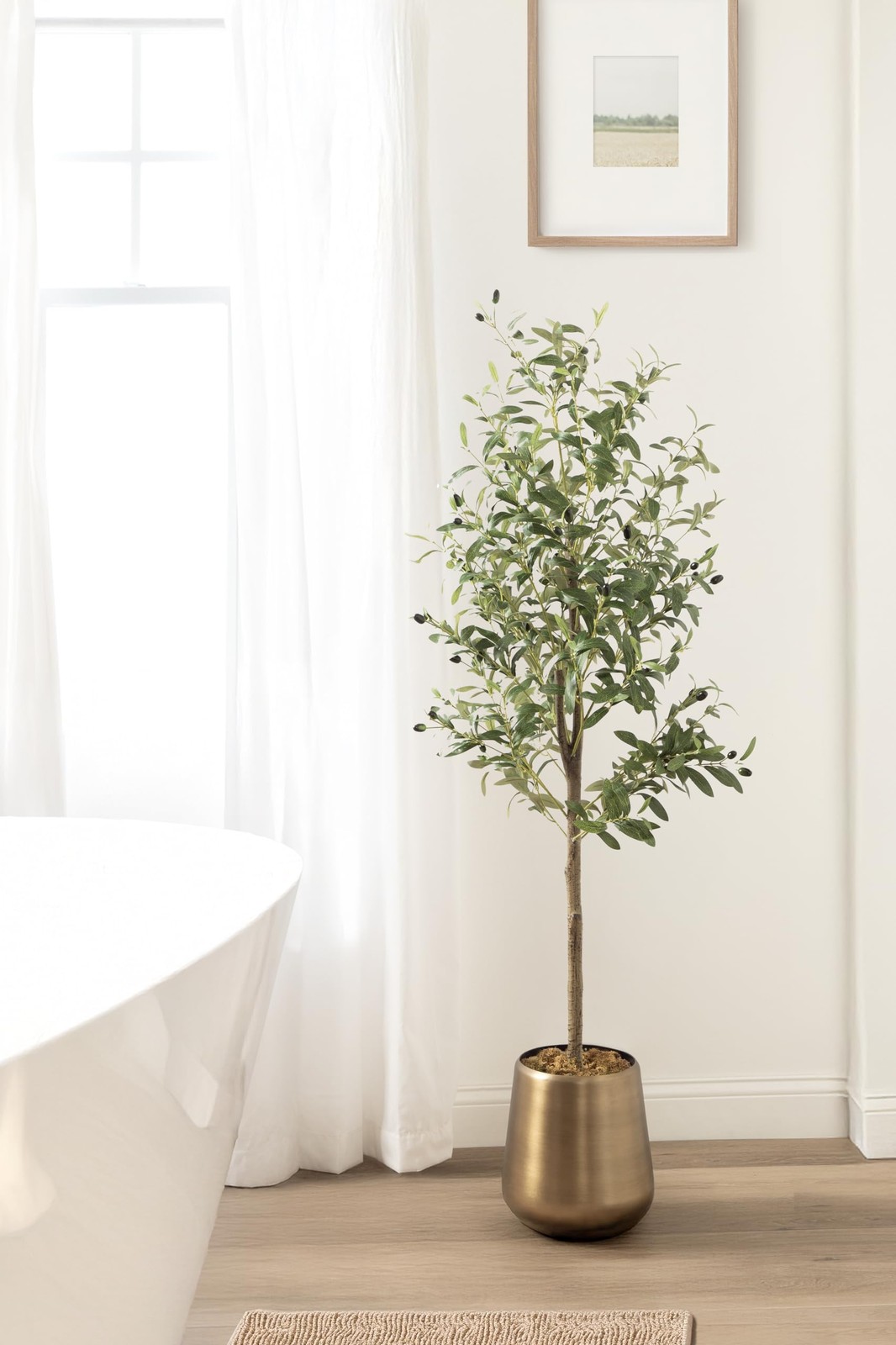 Oliveira Faux Olive Tree with Portell Metal Planter Pot, 5 FT, Antique Brass,…