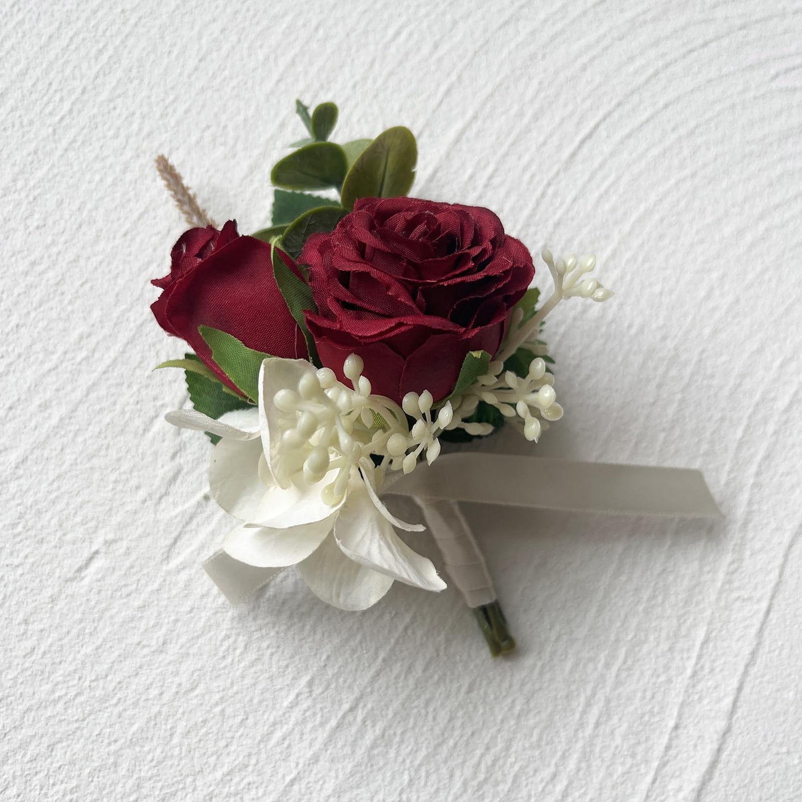 Artificial Wrist Corsage Boutonniere Set, Burgundy, 2 Pieces