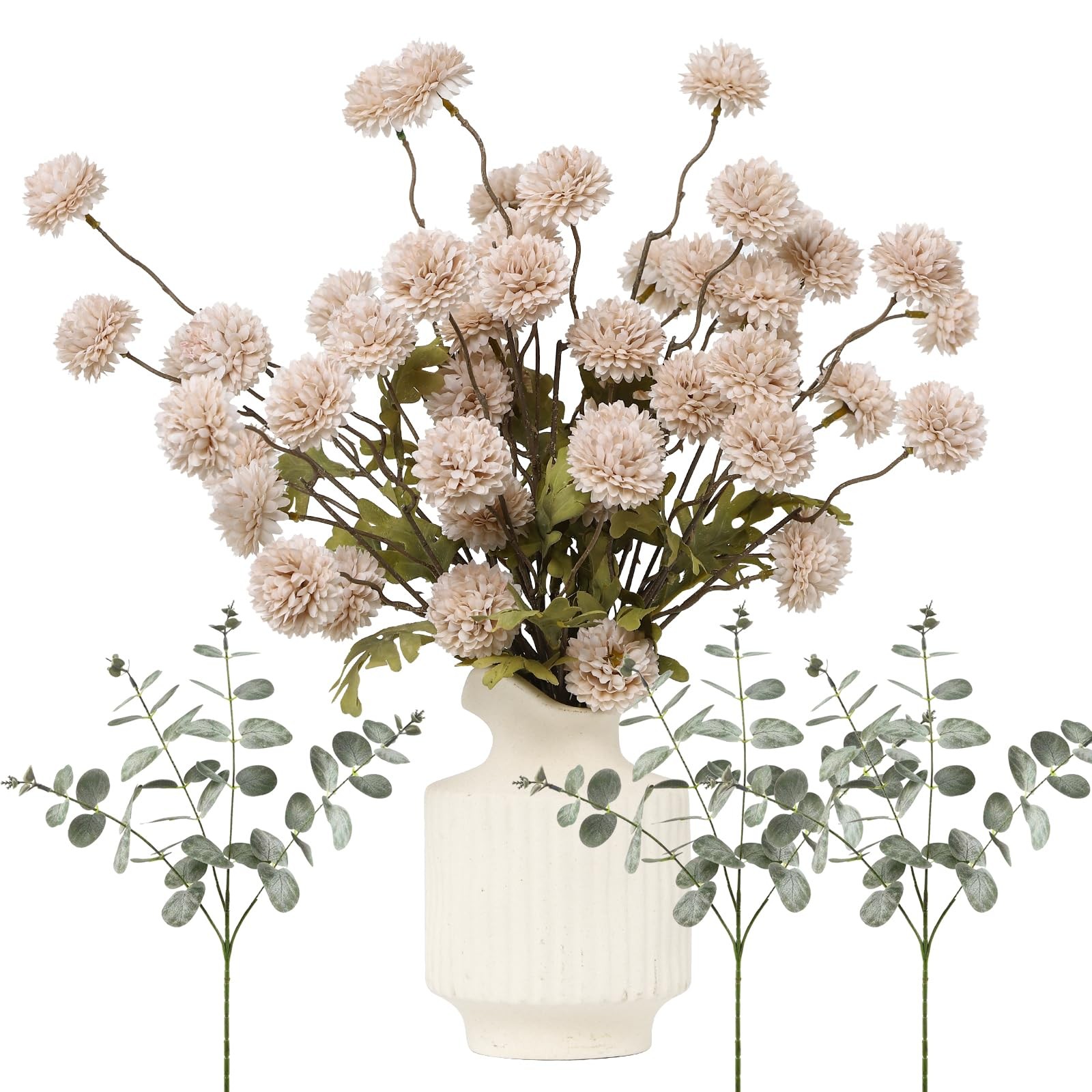Faux Flowers for Vase Kiku 8 Stems & 3 Eucalyptus,Fake Flowers Stems for DIY …
