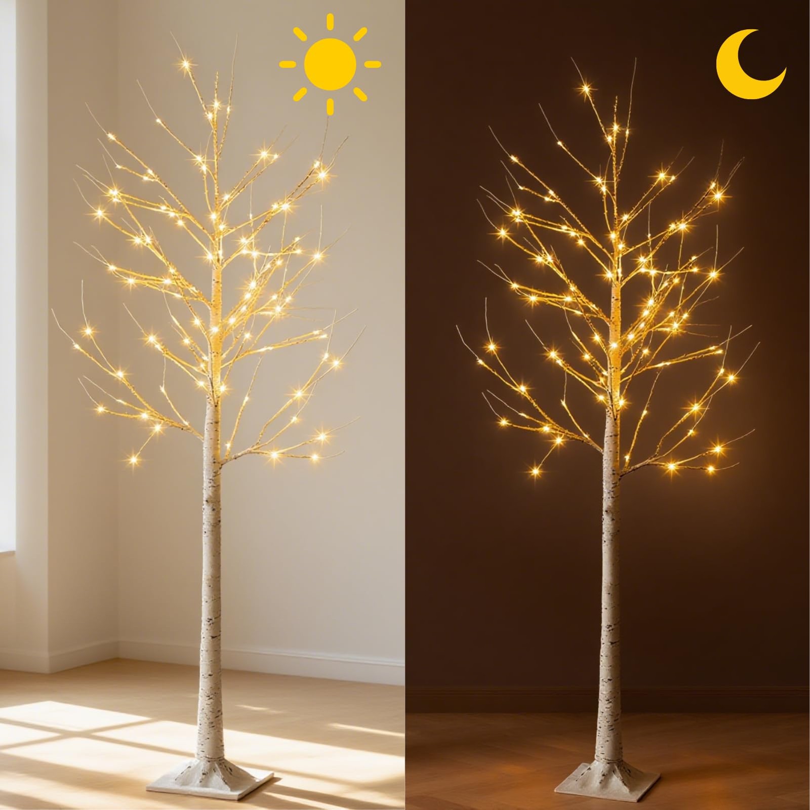 Set of 2 Lighted Birch Tree, Prelit White Christmas Tree Plug in, Light Up Ar…