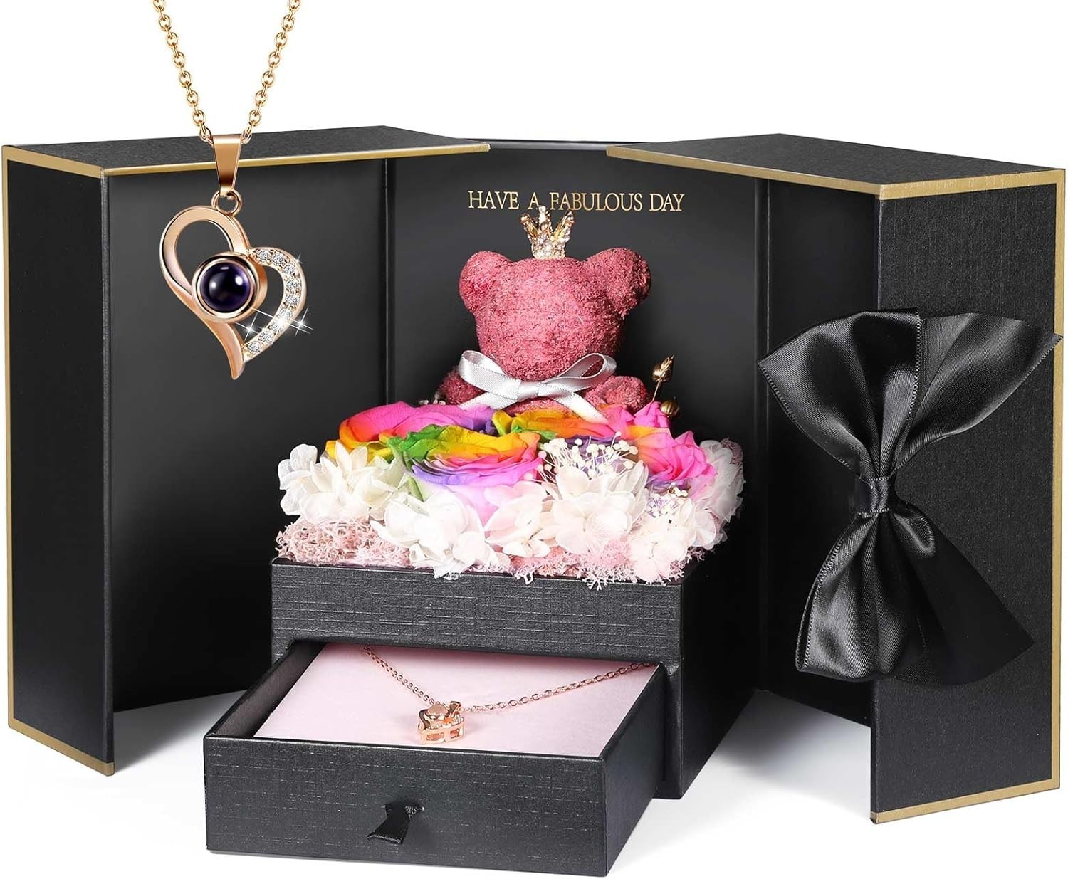 Eternal Rainbow Rose & I Love You Necklace with Moss Bear – Perfect Gift for Her