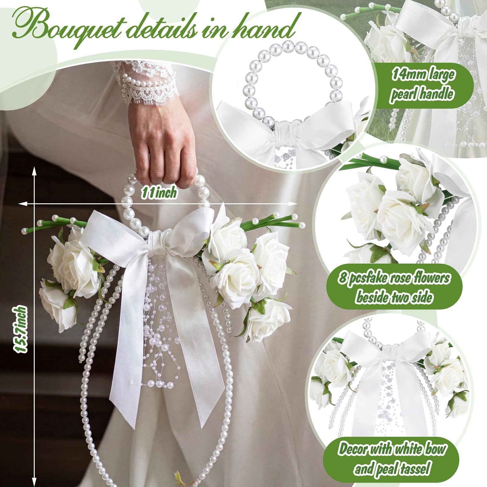 White Rose Bridal Pearl Handle Bouquet For Wedding Party Church Bridesmaid