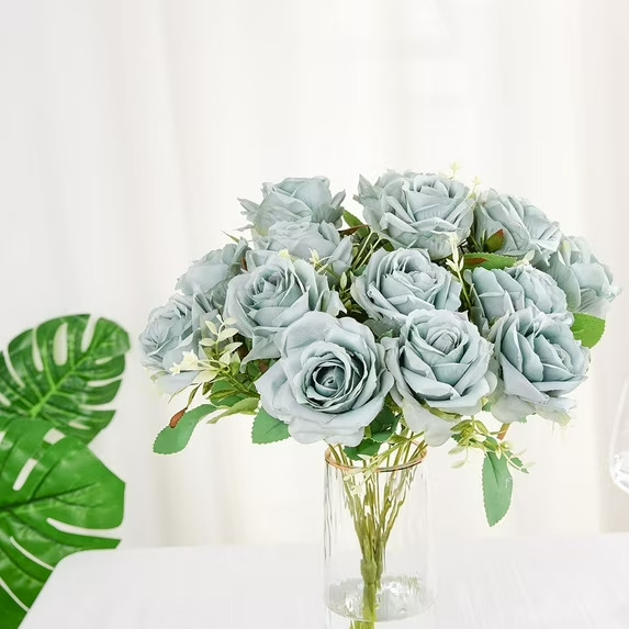 115 10″ Real Touch Dusty Blue Artificial Rose Flower Bouquet, Silk Long Stem