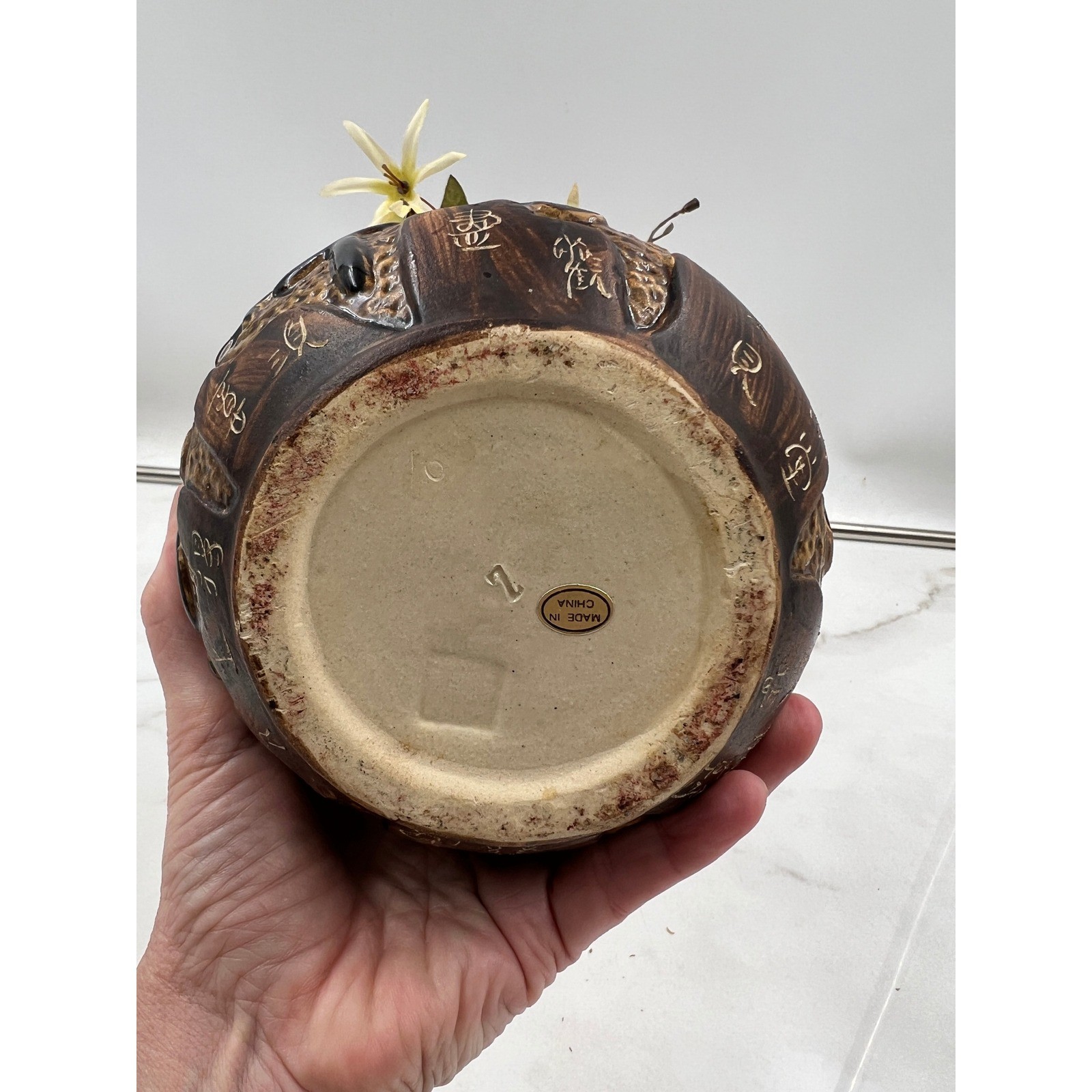 Vintage Chinese Calligraphy Ceramic Planter with Faux Floral Arrangement Brown